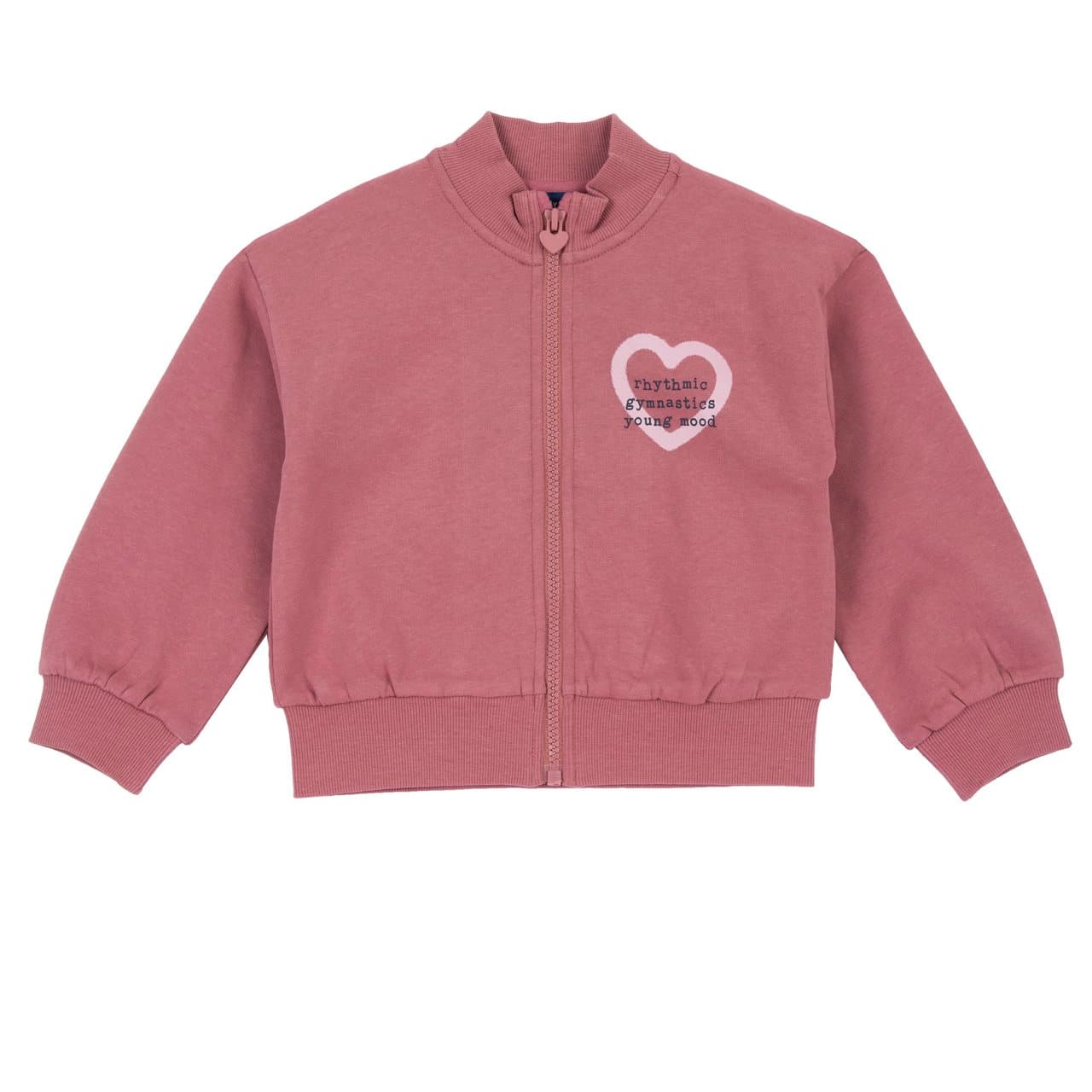 Felpa con zip da bambina Chicco rosa in cotone garzato, con stampa frontale, tiretto a cuore e certificazione Oeko-Tex. | Chicco