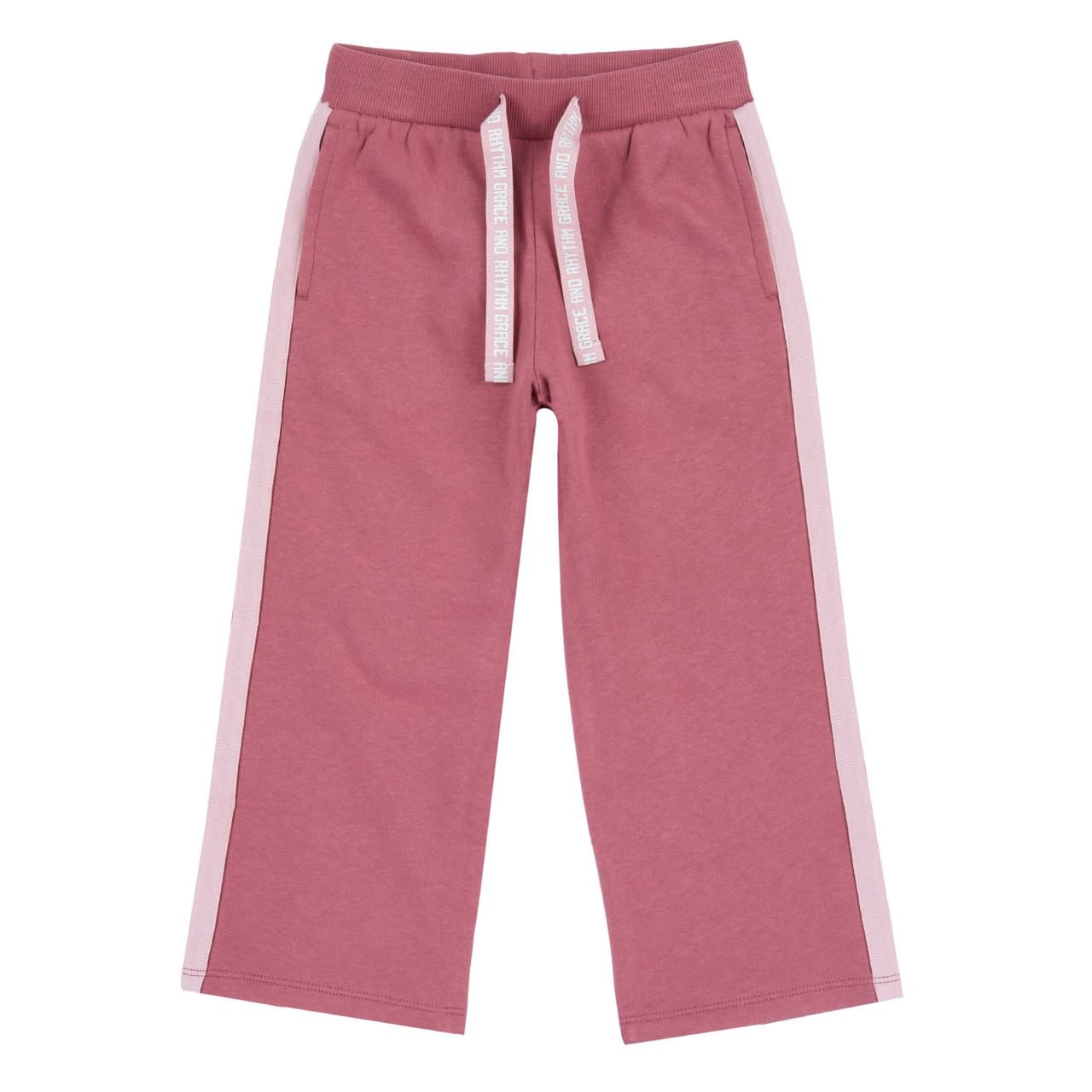 Pantaloni lunghi da bambina Chicco in felpa garzata di cotone rosa, con vita elasticizzata, cordino personalizzato e banda laterale a contrasto. | Chicco