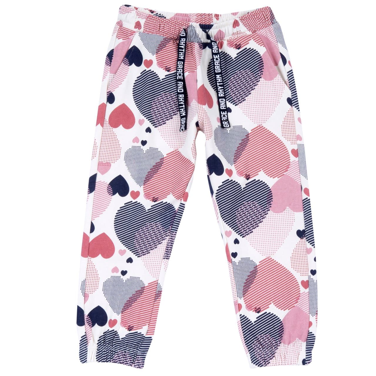 Pantaloni lunghi jogger Chicco da bambina in felpa garzata beige con stampa cuori, tasche frontali e girovita elasticizzato con cordino, ideali per autunno/inverno. | Chicco