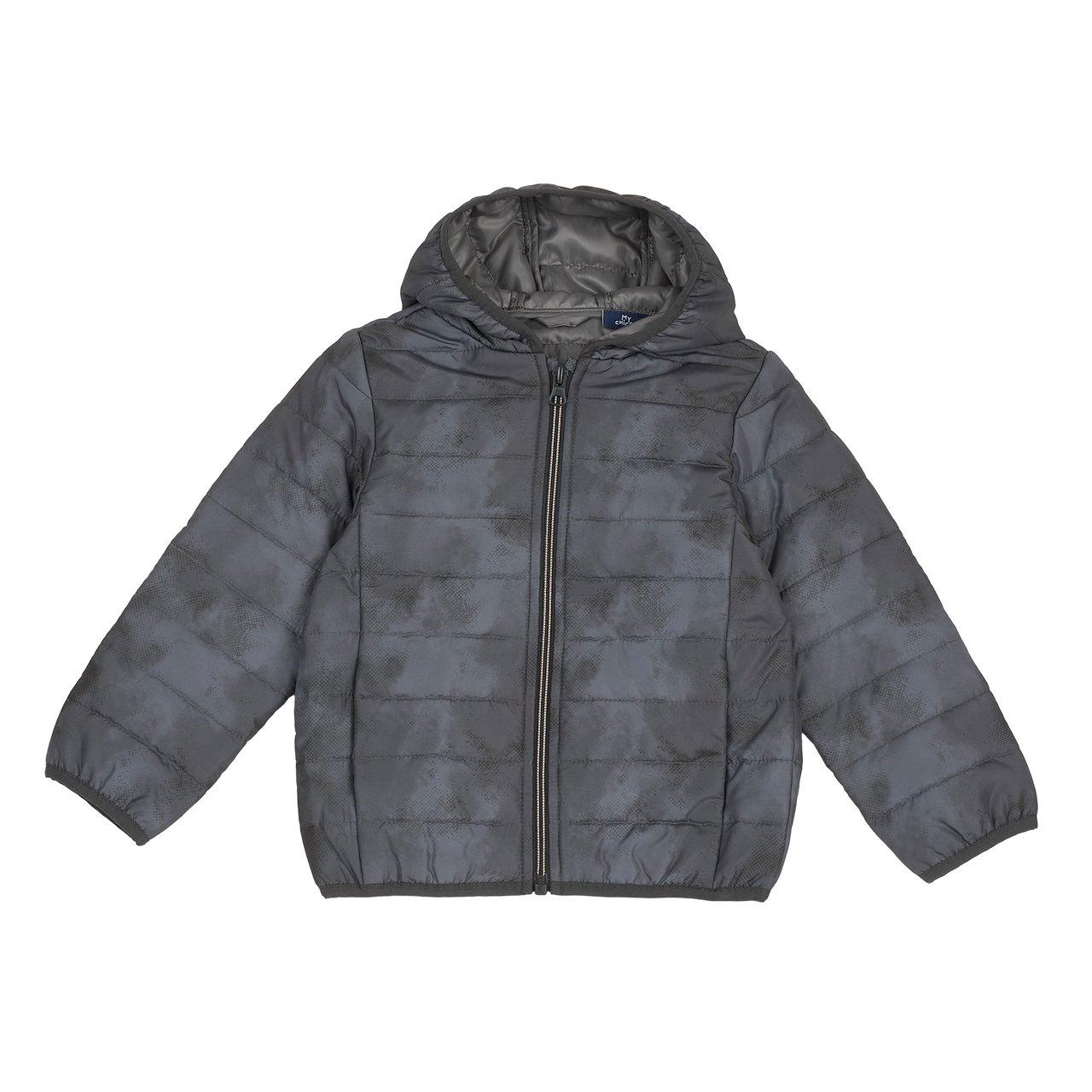 Giubbino invernale Chicco nero con cappuccio e fantasia tie-dye, imbottito in poliestere riciclato e impermeabile, con zip di sicurezza e tasche frontali. | Chicco