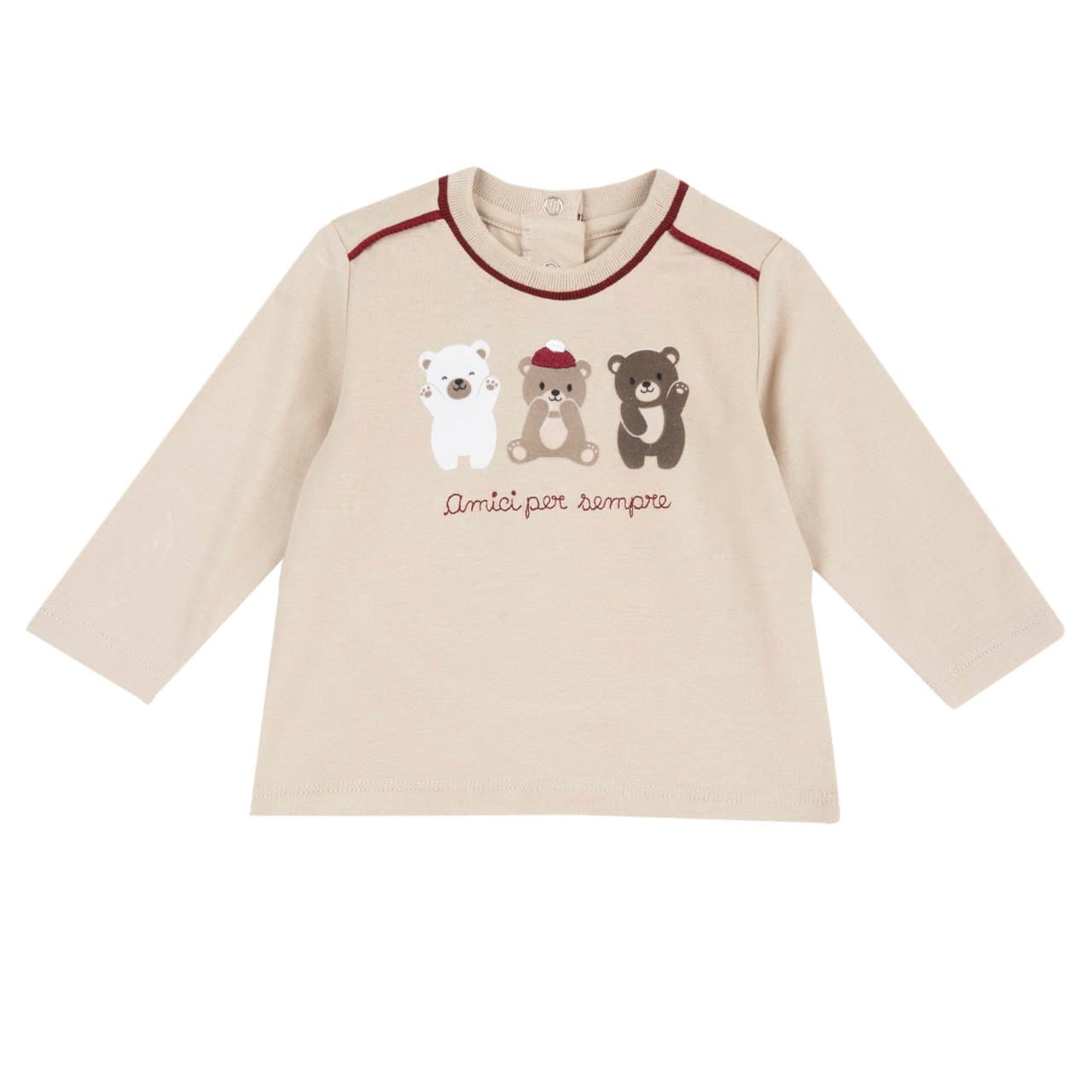 Maglietta a manica lunga Chicco bianca in cotone jersey per bambino, con stampa orsetti vellutati e scritte ricamate, perfetta per l'autunno/inverno. | Chicco