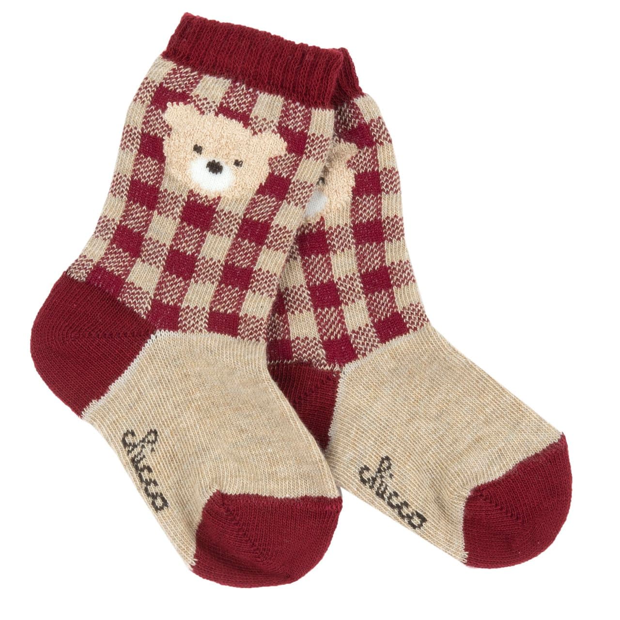 Calzini gambaletto Chicco rossi in misto caldo cotone con disegno jacquard a quadri e orsetto, ideali per bambino autunno/inverno. | Chicco