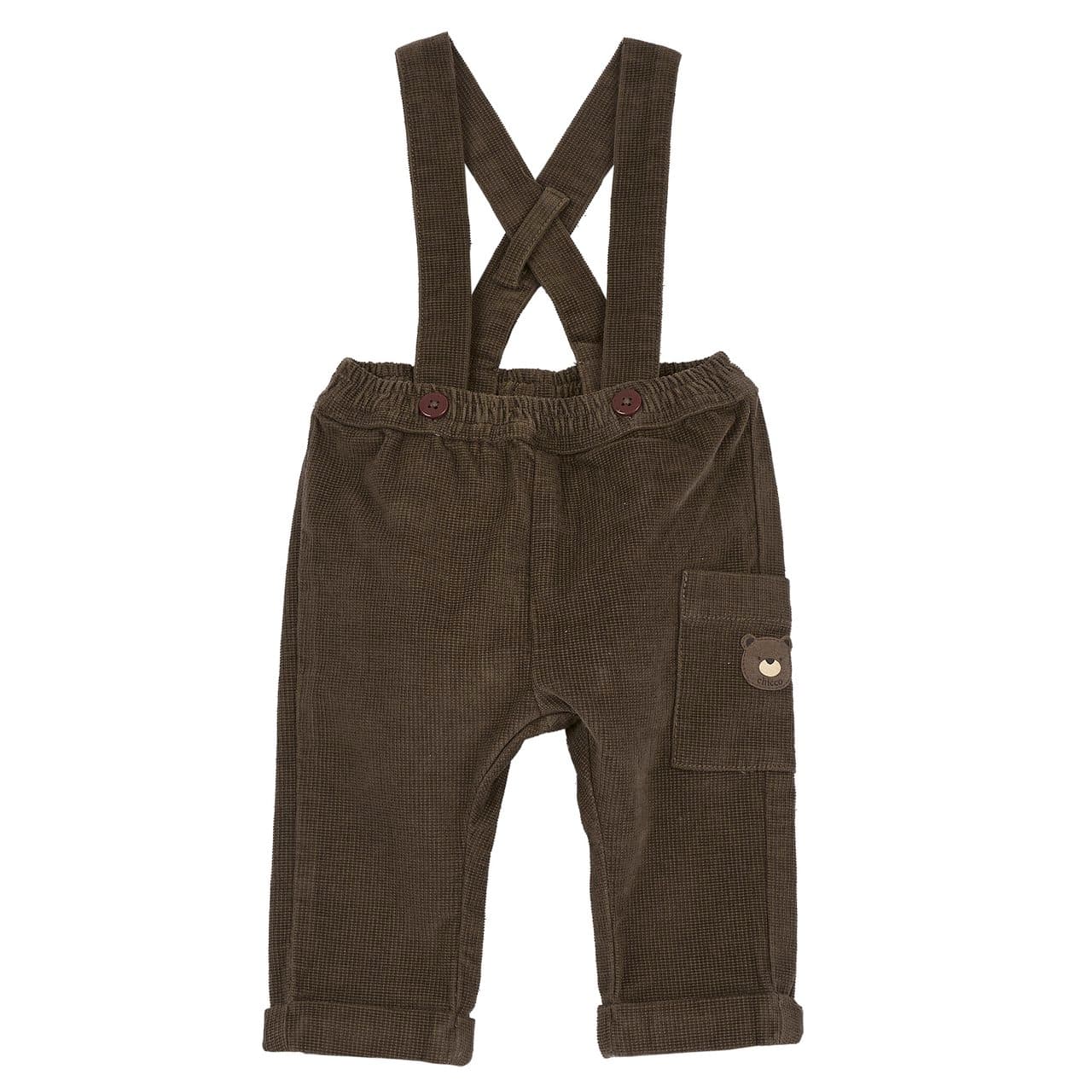 Pantaloni lunghi marroni in velluto elasticizzato Chicco per bambino, con vita elastica, risvolti e bretelle regolabili, ideali per autunno/inverno. | Chicco
