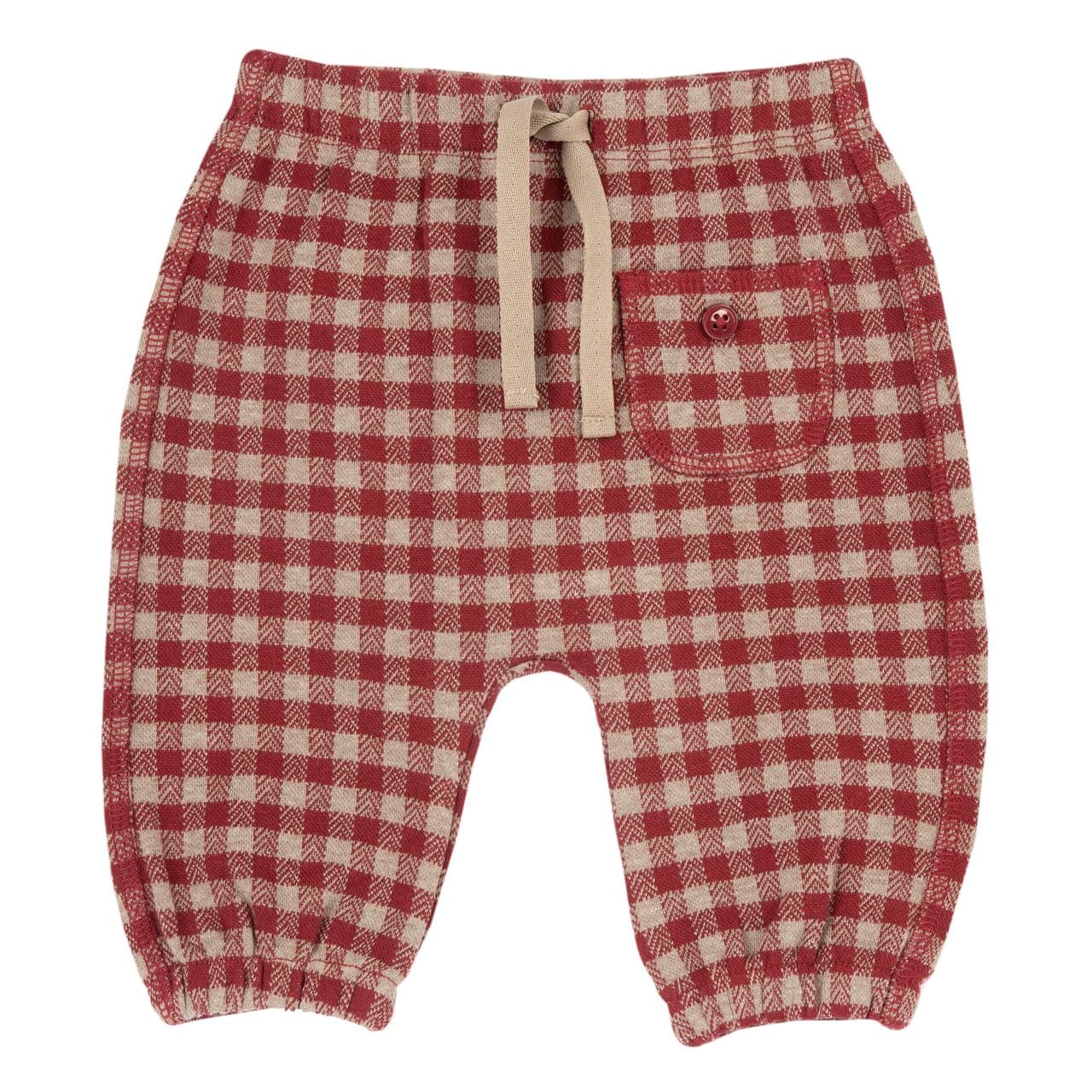 Pantaloni lunghi Chicco rossi in cotone elasticizzato con fantasia a quadri, cavallo basso e vita elasticizzata con coulisse, ideali per l'autunno/inverno. | Chicco