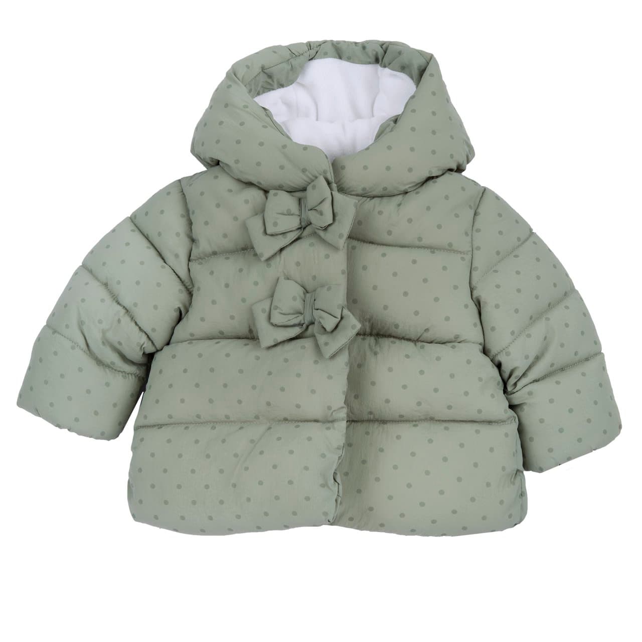 Giubbotto imbottito Chicco verde a pois per bambina, con fodera in pile, imbottitura in poliestere riciclato e trattamento impermeabile. | Chicco