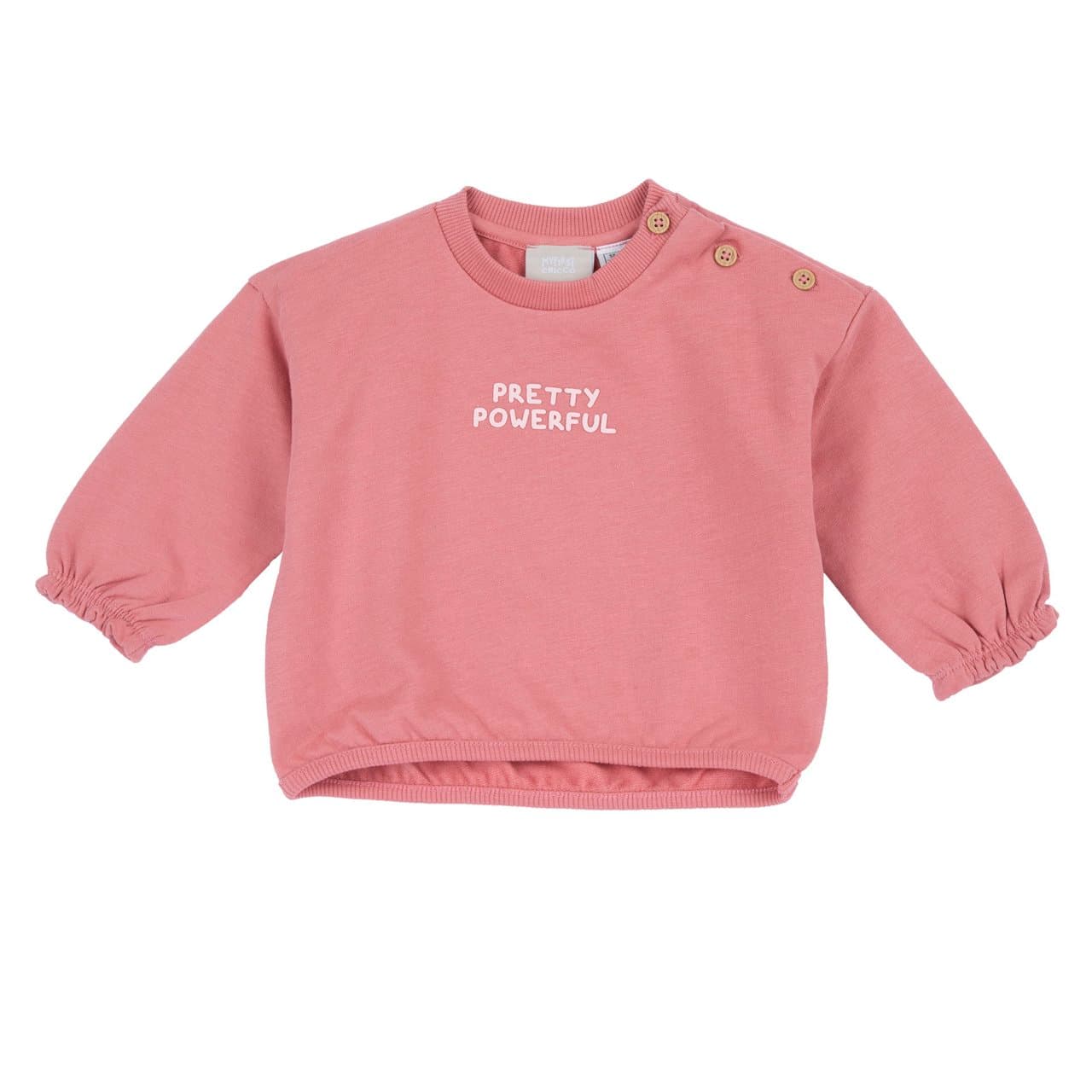 Felpa girocollo Chicco rosa garzata per bambina con grafica stampata in rilievo e bottoncini effetto legno sulla spalla. | Chicco