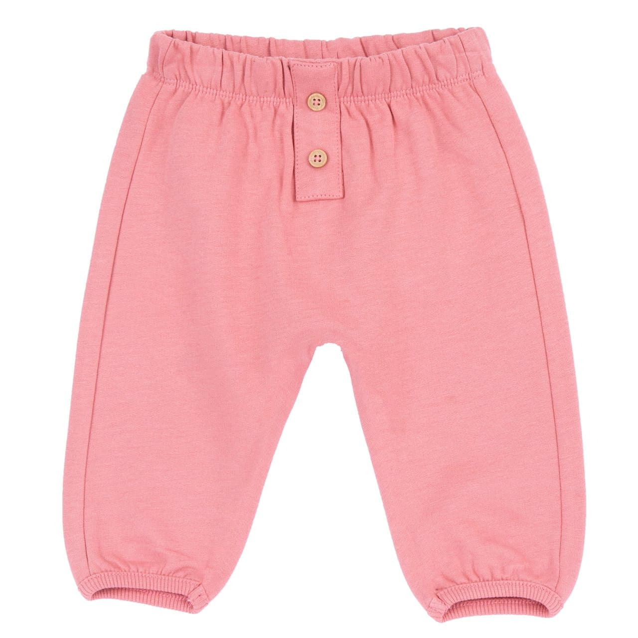 Pantaloni lunghi da bambina Chicco in morbida felpa garzata rosa, con vita elasticizzata e finta apertura frontale con bottoncini effetto legno, ideali per l'autunno/inverno. | Chicco