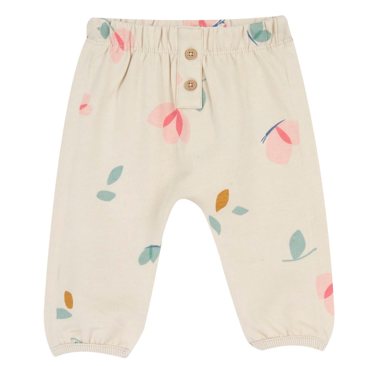 Pantaloni lunghi da bambina Chicco in felpa garzata beige, con vita elasticizzata e finta apertura frontale con bottoncini effetto legno, ideali per l'autunno/inverno. | Chicco