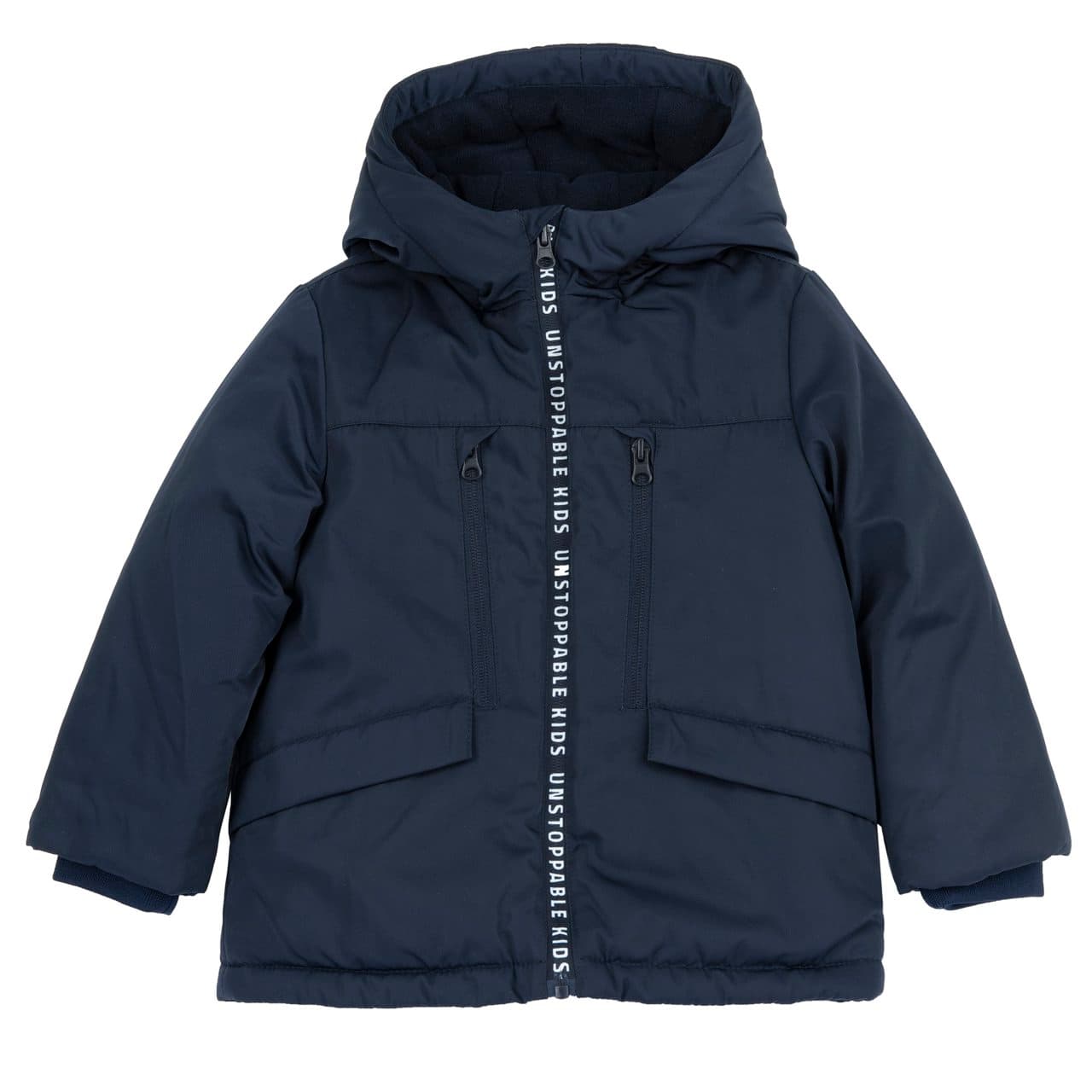 Giubbotto imbottito blu Chicco con cappuccio removibile per bambino, ideale per autunno/inverno, con trattamento impermeabile e zip personalizzata. | Chicco