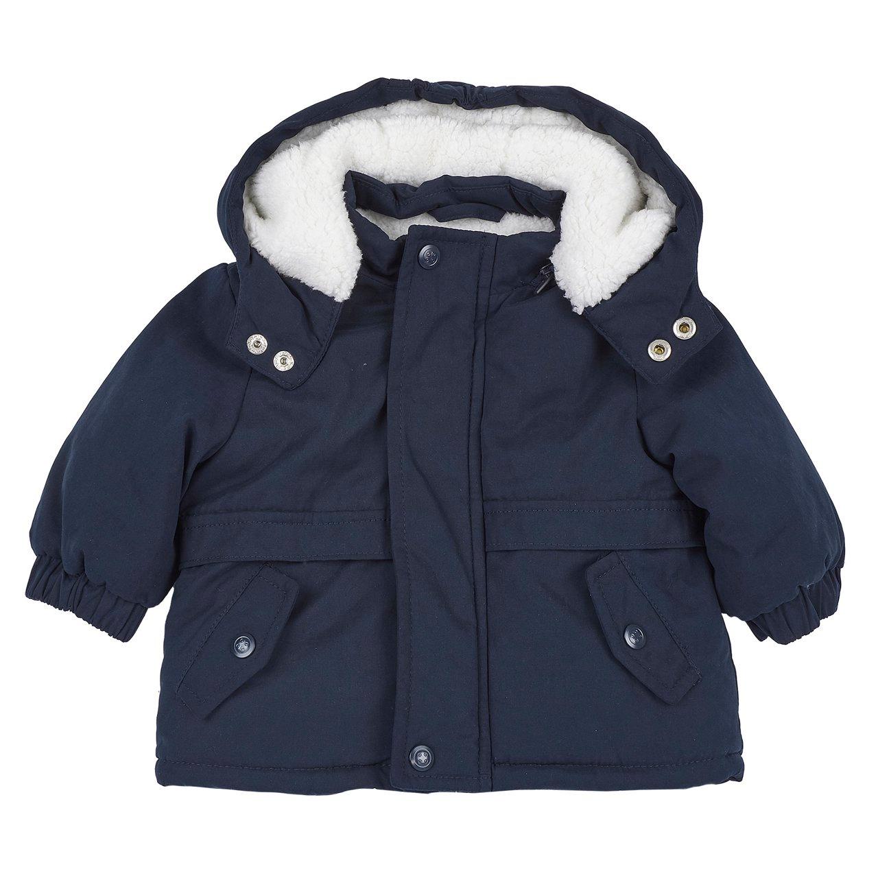 Giubbotto lungo imbottito unisex blu Chicco con cappuccio removibile, ideale per l'autunno/inverno, realizzato in tessuto idrorepellente con effetto mano pesca. | Chicco