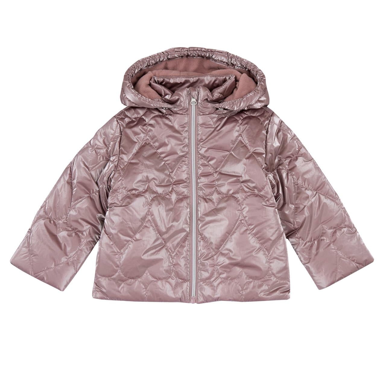 Giubbotto imbottito invernale Chicco viola per bambina, con cappuccio removibile, trapuntatura a cuori e dettagli in poliammide riciclata. | Chicco