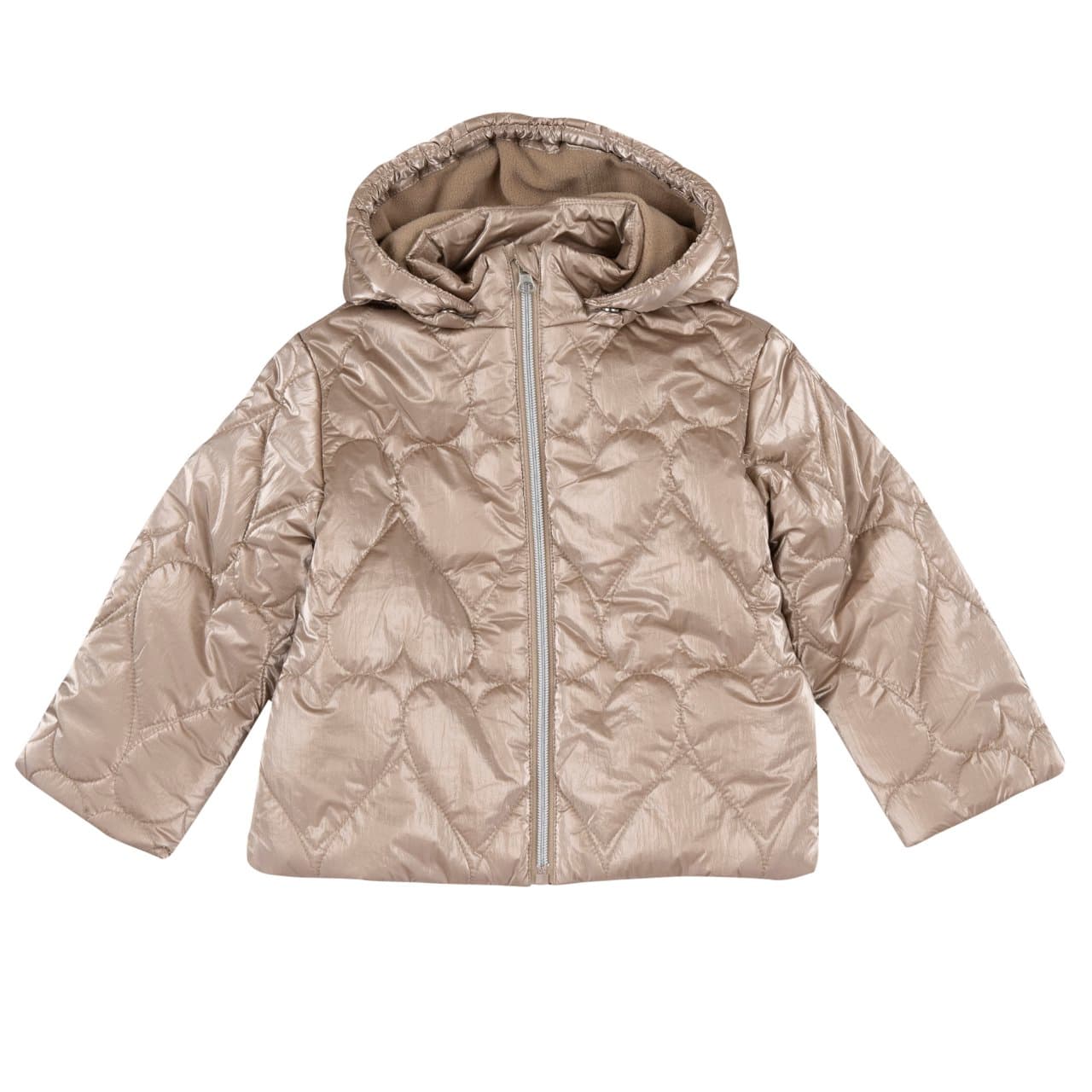 Giubbotto imbottito invernale Chicco viola per bambina, con cappuccio removibile, trapuntatura a cuori e dettagli in poliammide riciclata. | Chicco