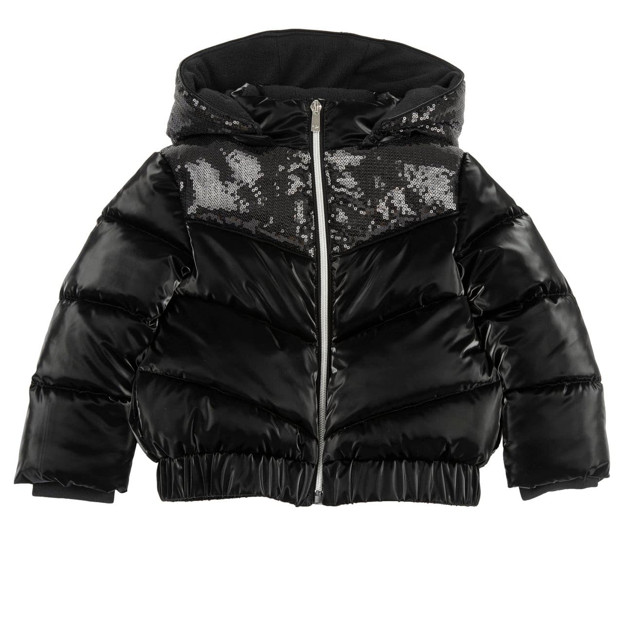 Giubbotto bomber invernale corto nero da bambina Chicco con paillettes, cappuccio removibile e tessuto tecnico impermeabile. | Chicco