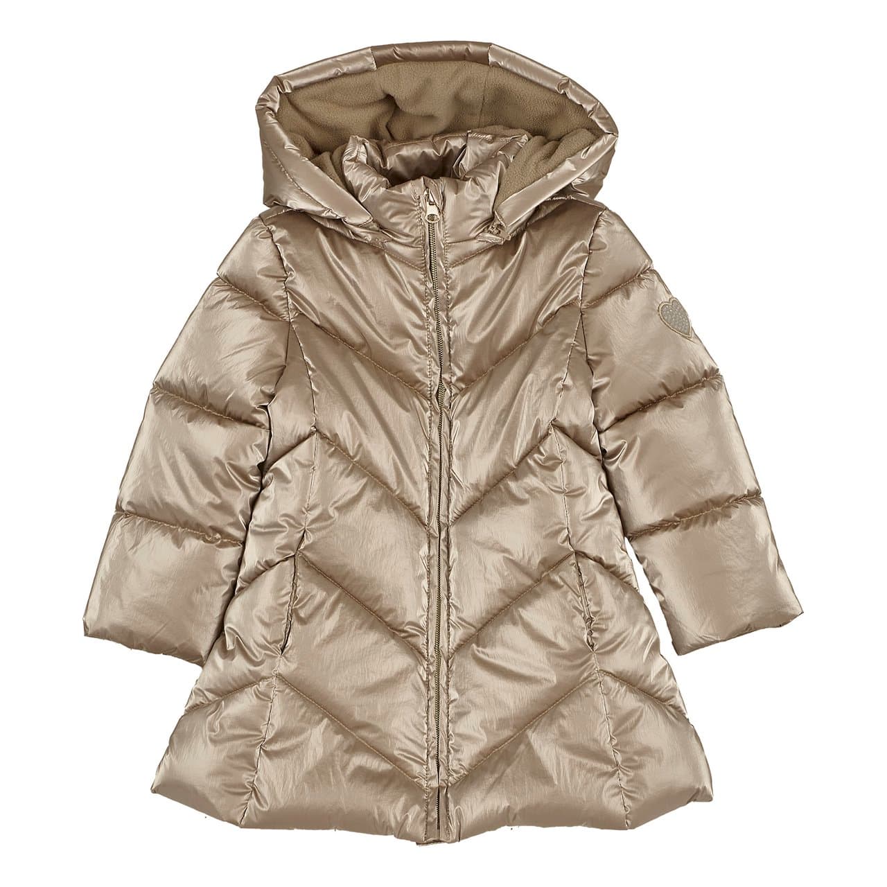 Giubbotto lungo imbottito bianco da bambina Chicco con cappuccio removibile, chiusura zip metallo e applicazione a cuore con strass sulla manica sinistra. | Chicco