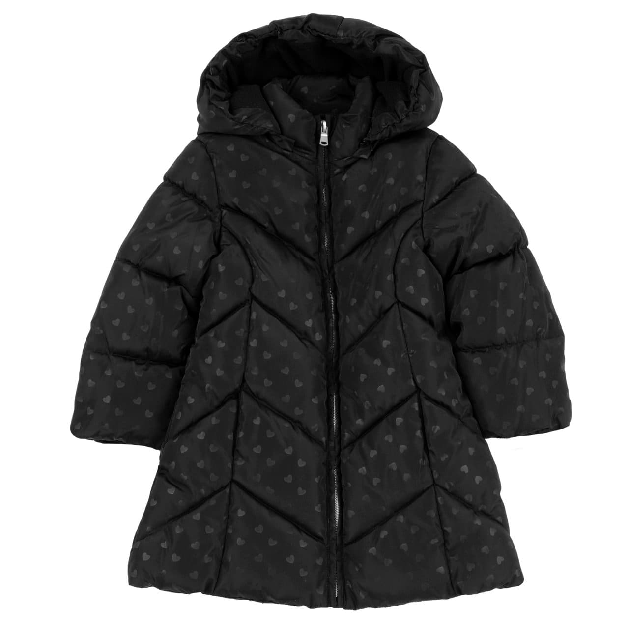 Giubbotto lungo imbottito nero Chicco per bambina con cappuccio, realizzato in tessuto tecnico riciclato con stampa di cuoricini tono su tono e imbottitura Sorona DuPont. | Chicco
