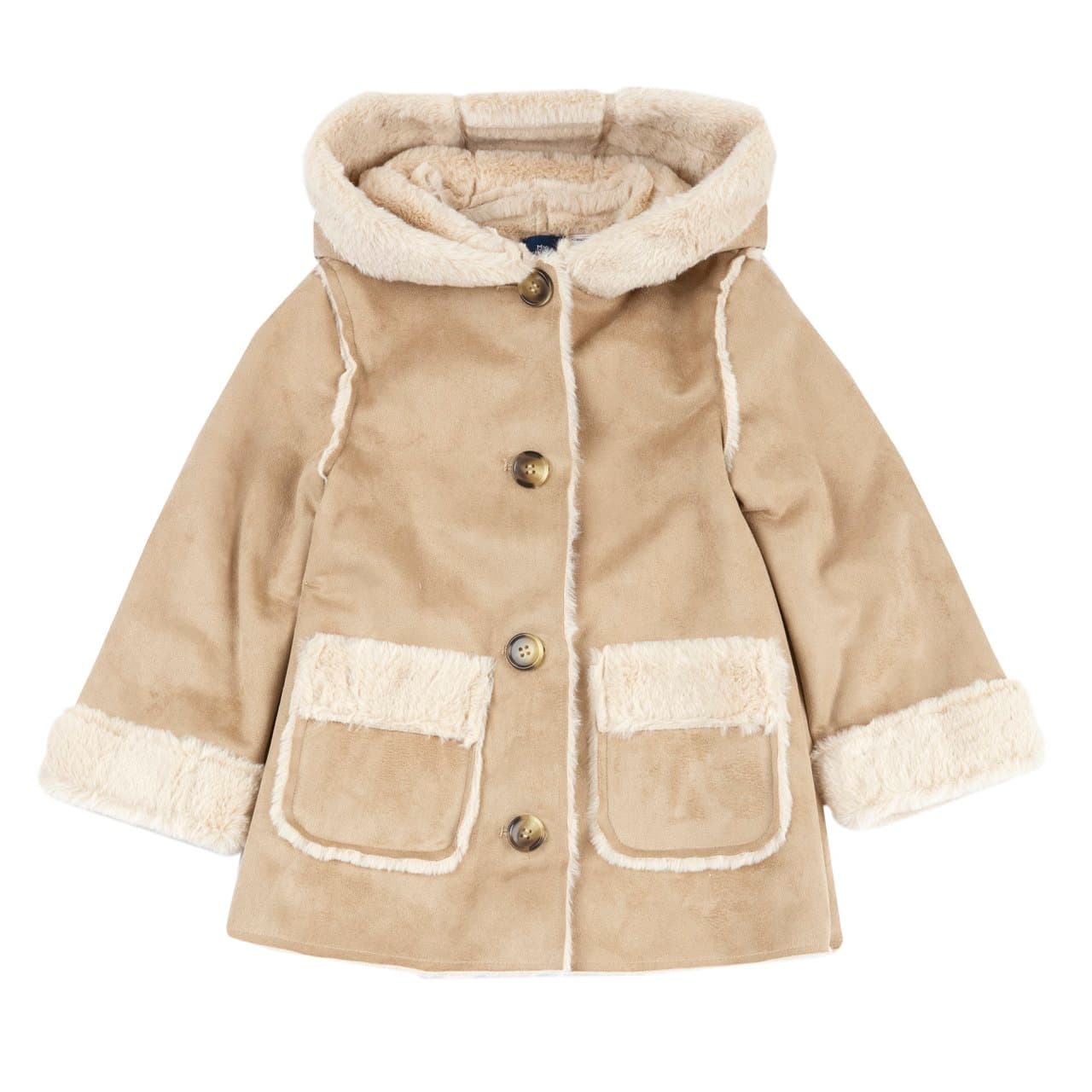 Cappottino con cappuccio Chicco marrone scamosciato per bambina, con interno caldo a vista, tasche frontali e chiusura a bottoni effetto tartaruga. | Chicco