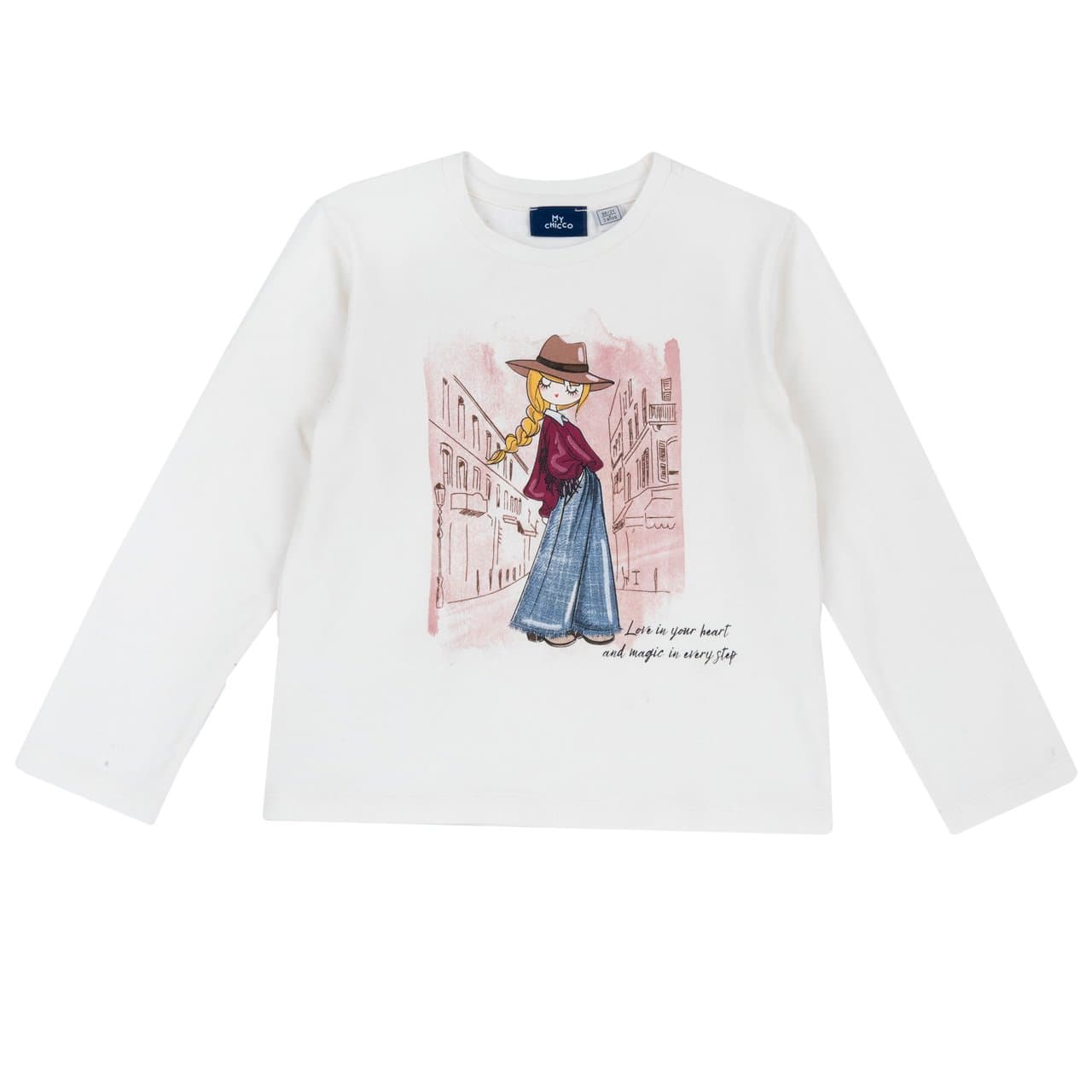 Maglietta a manica lunga Chicco bianca in jersey elasticizzato di cotone per bambina, con stampa effetto fotografico e certificazione Oeko-Tex. | Chicco