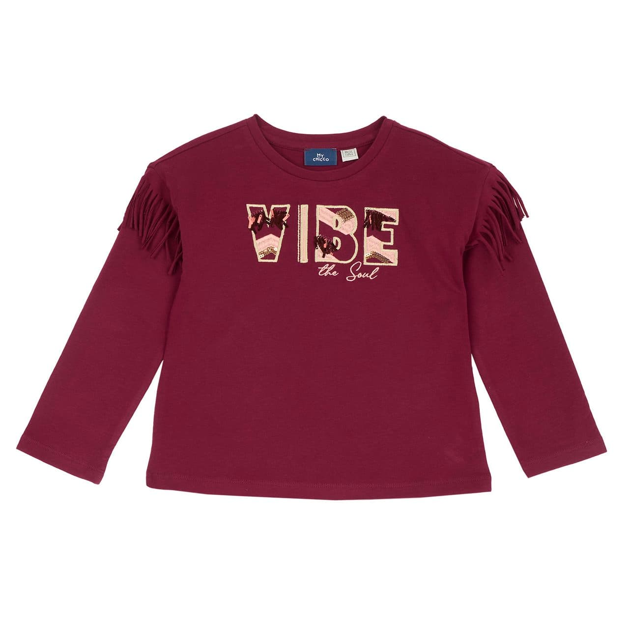 Maglietta a manica lunga Chicco rosa in jersey elasticizzato di cotone per bambina, con grafica ricamata, paillettes e frange decorative. | Chicco