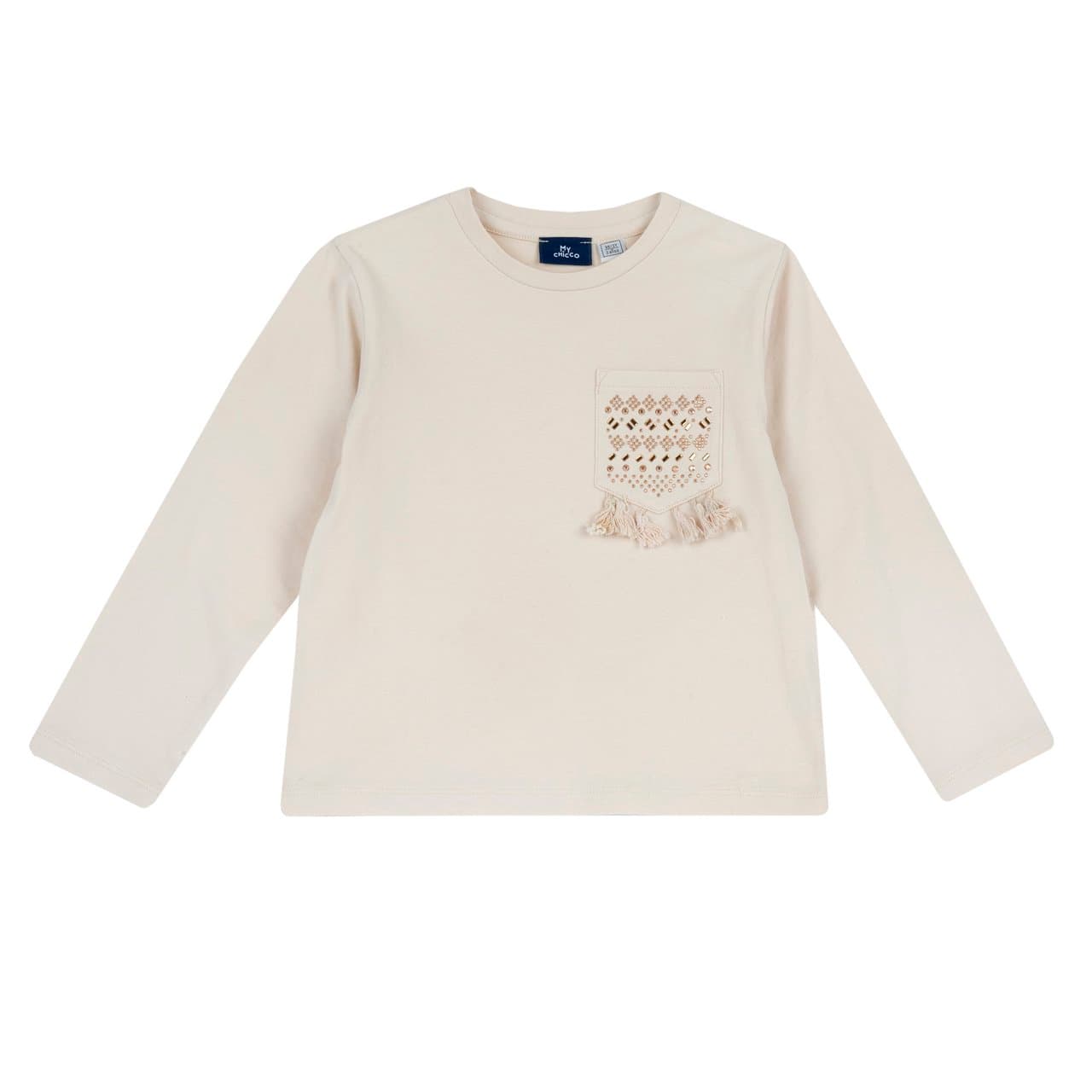 Maglietta a manica lunga Chicco bianca in jersey elasticizzato di cotone per bambina, con tasca decorata da borchiette e nappine, ideale per l'autunno/inverno. | Chicco