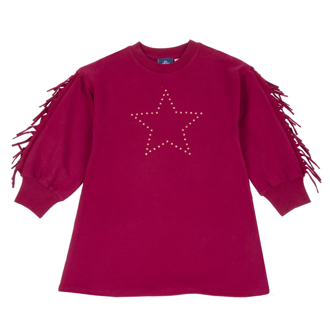 Vestito Chicco rosa in felpa di cotone per bambina, con maniche lunghe decorate da frange, stelle applicate sul davanti e girocollo. | Chicco
