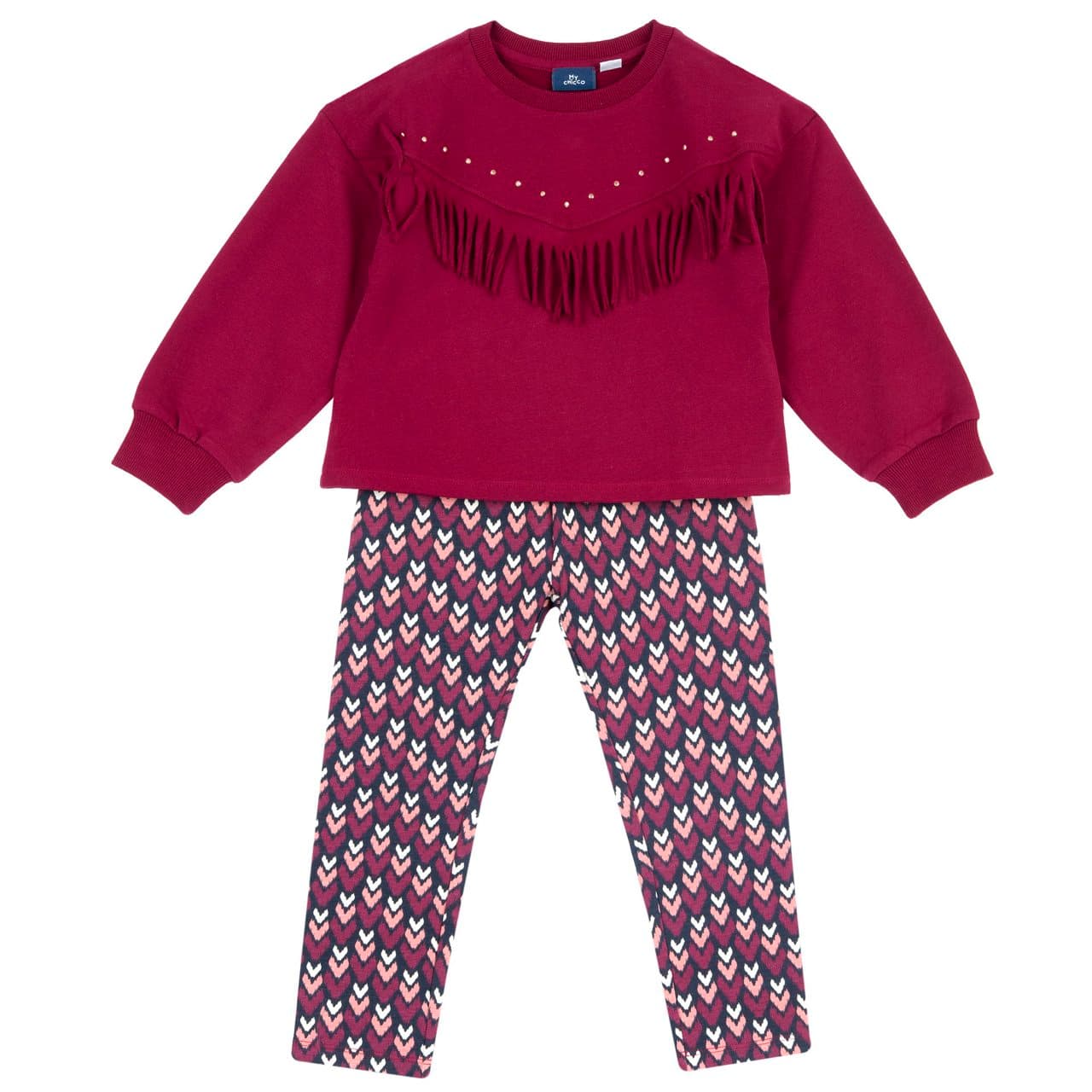 Completo felpa rosa con leggings fantasia Chicco per bambina, con frange decorative e borchiette sul petto, ideale per l'autunno/inverno. | Chicco