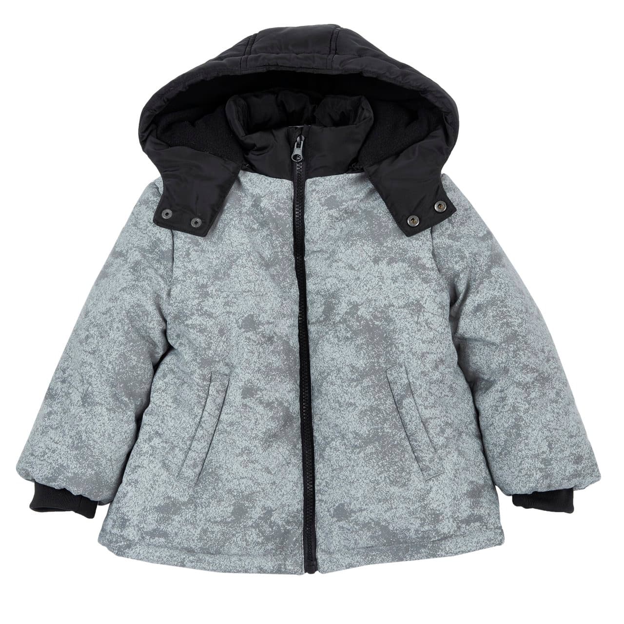 Giubbotto invernale grigio Chicco per bambino con cappuccio removibile, tessuto effetto catarifrangente e stampa spray, fodera in pile e trattamento impermeabile. | Chicco