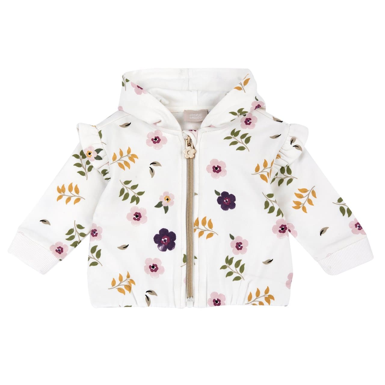 Felpa con cappuccio e zip Chicco da bambina in felpa garzata elasticizzata bianca con fantasia floreale e cerniera dorata con cursore a fiore. | Chicco