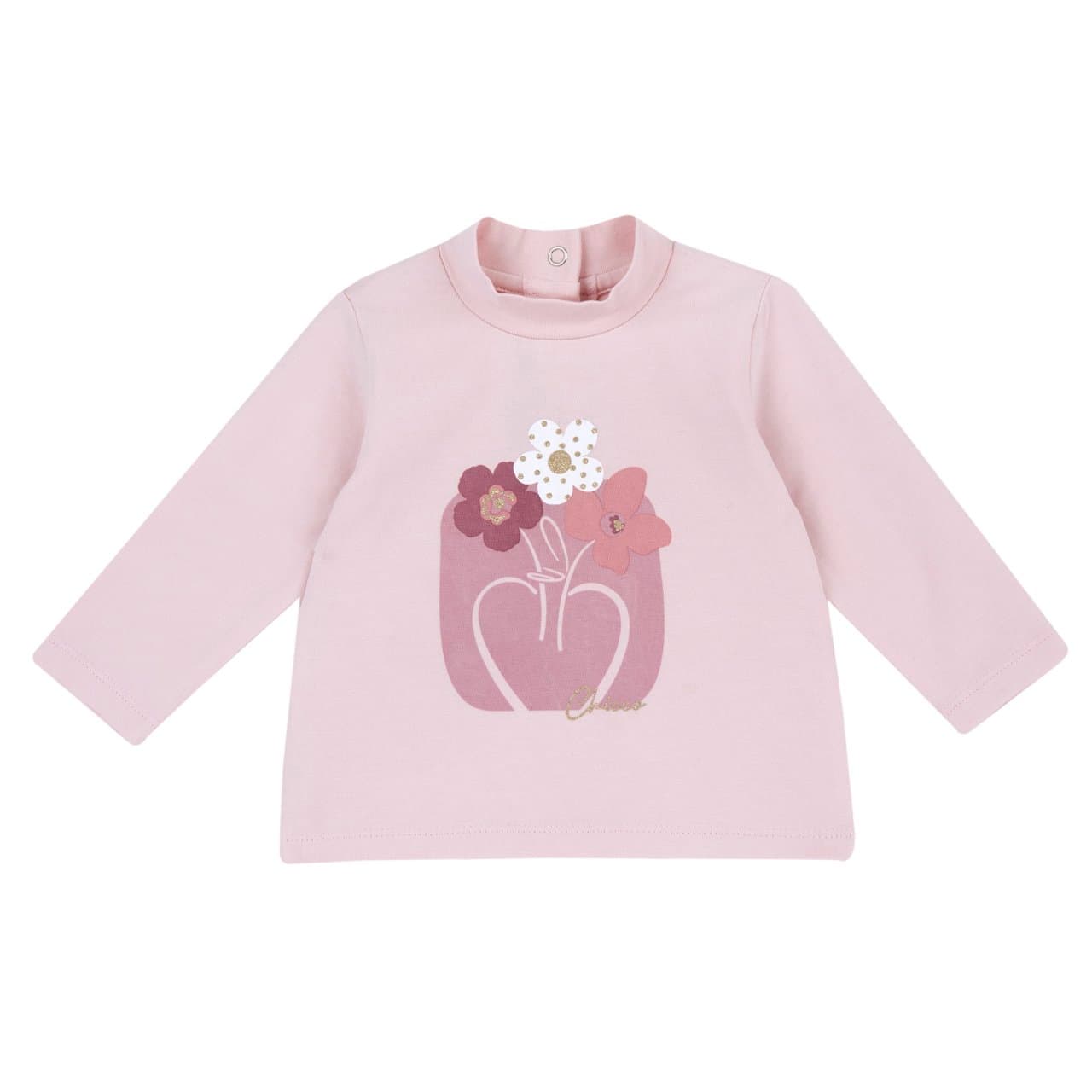 Maglietta manica lunga rosa Chicco per bambina con collo lupetto, stampa vaso e fiori, in jersey di cotone elasticizzato, certificata Oeko-Tex. | Chicco