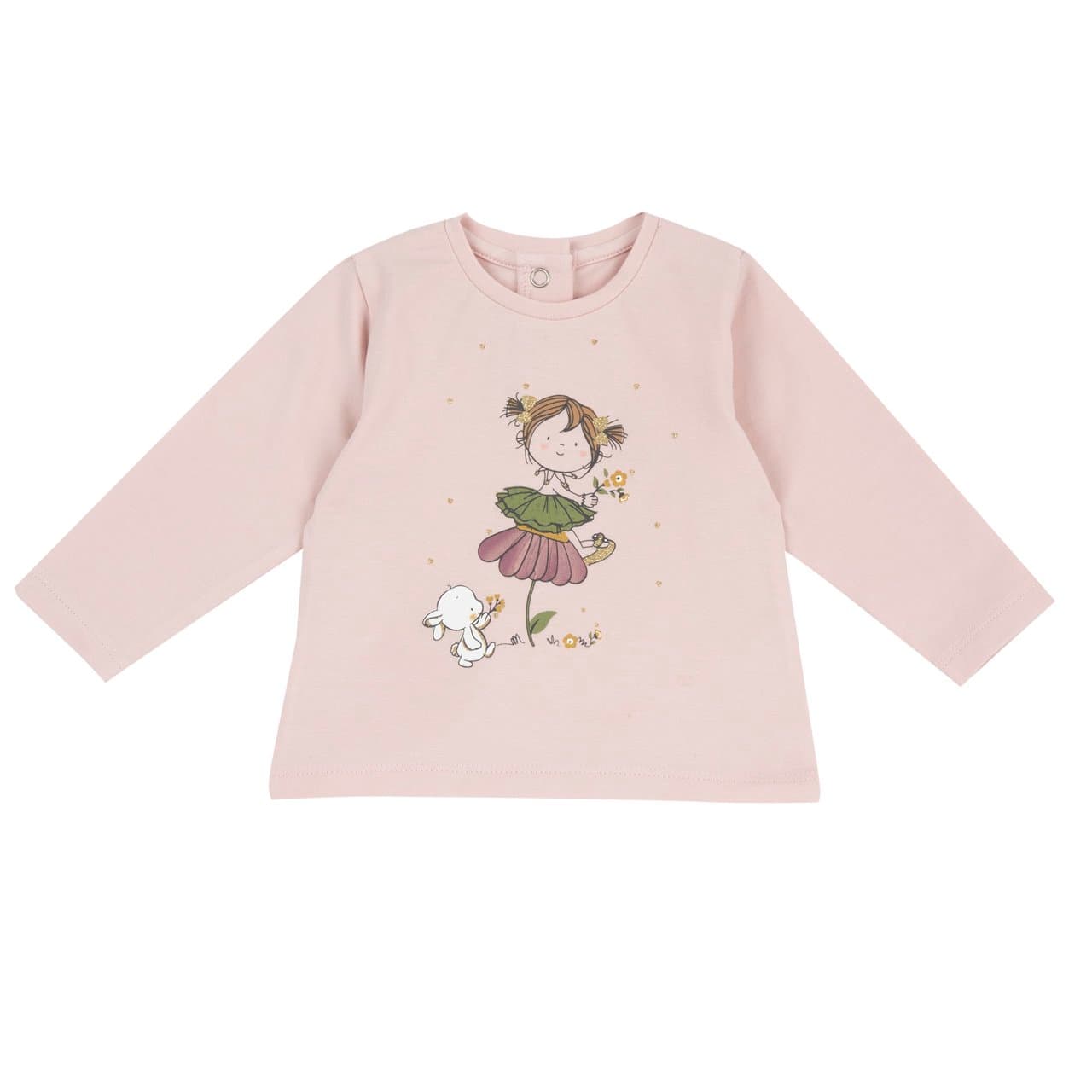 Maglietta a manica lunga rosa in jersey di cotone elasticizzato per bambina Chicco con stampa frontale e bottoncini automatici posteriori. | Chicco