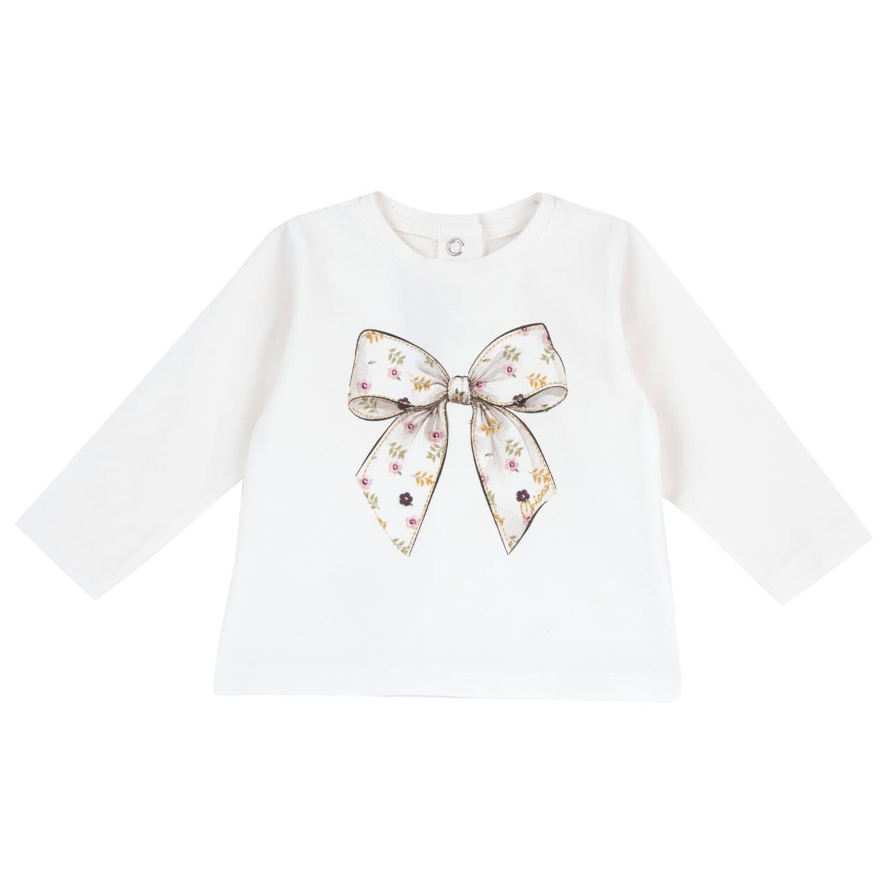 Maglietta a manica lunga Chicco bianca in jersey di cotone elasticizzato per bambina, con girocollo, stampa fiocco e dettagli luminosi, certificata Oeko-Tex. | Chicco