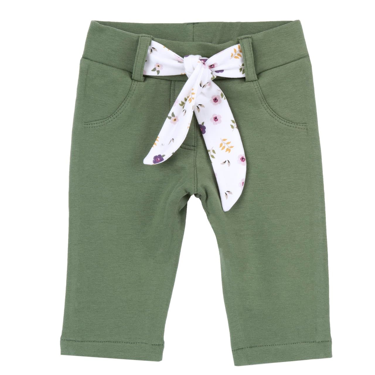 Pantaloni lunghi da bambina Chicco verdi in felpa garzata elasticizzata con vita elasticizzata e fusciacca a fiorellini, ideali per autunno/inverno. | Chicco