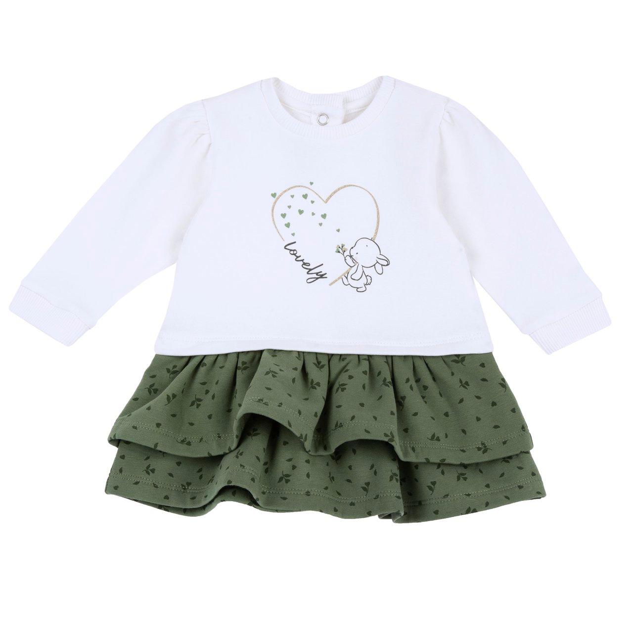 Vestito a manica lunga bianco in felpa garzata elasticizzata per bambina Chicco con stampa a cuore e balze a foglioline, certificato Oeko-Tex. | Chicco