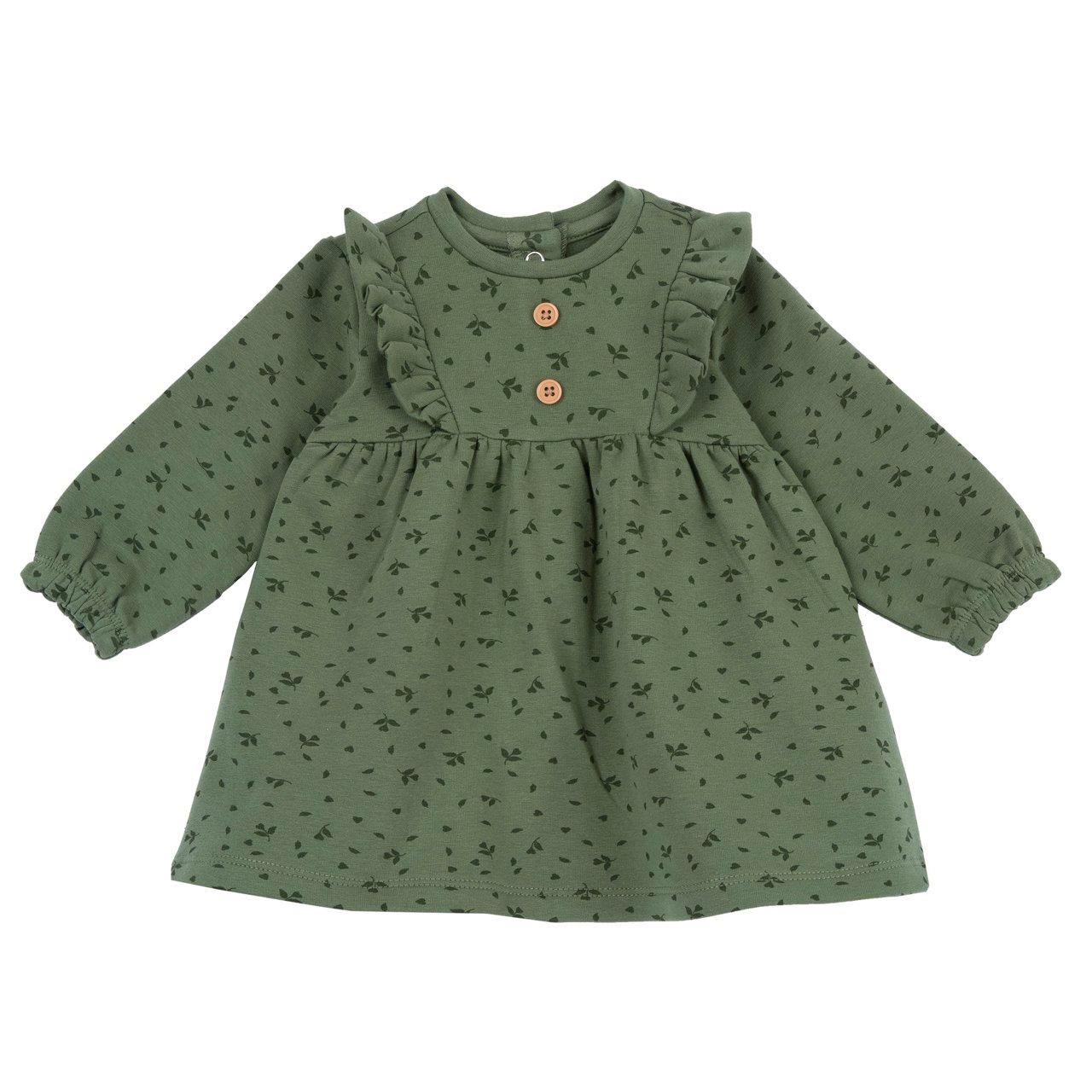 Vestito a manica lunga Chicco verde in felpa garzata elasticizzata per bambina, con fantasia a foglioline e bottoncini decorativi effetto legno. | Chicco