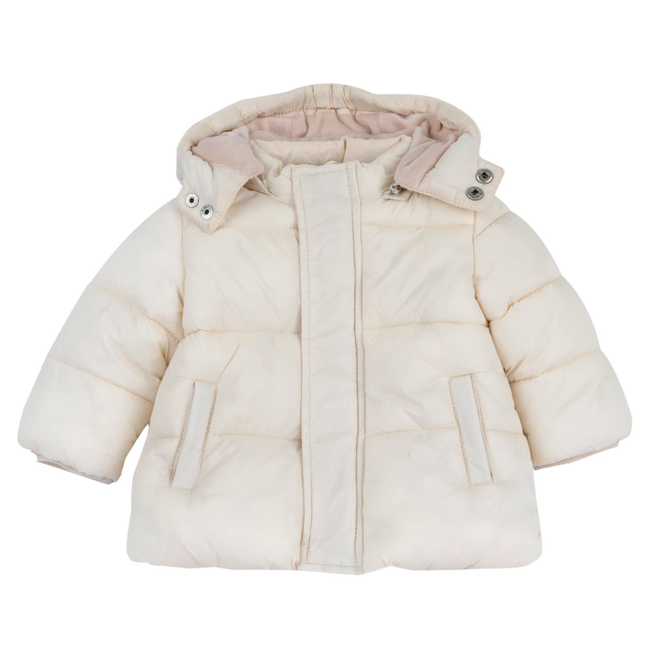 Giubbotto imbottito unisex Chicco bianco in tessuto tecnico impermeabile con cappuccio removibile, orsetto ricamato e orecchie sul retro. | Chicco