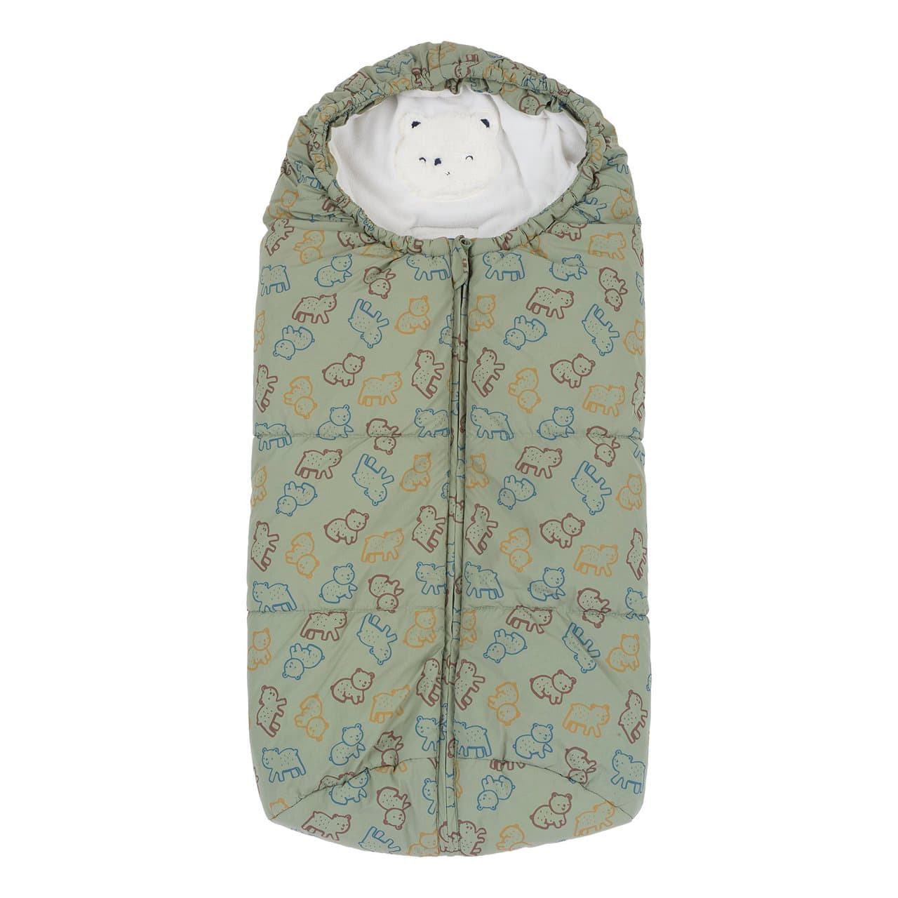 Sacco invernale imbottito Chicco verde con stampa orsetti e fodera in pile, chiusura zip e orso ricamato, TOG 7, per neonati fino a 62 cm. | Chicco