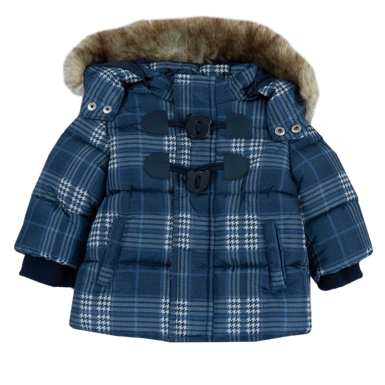 Giubbotto imbottito invernale Chicco blu per bambino, con fantasia a quadri, cappuccio removibile e dettagli a forma di orso. | Chicco
