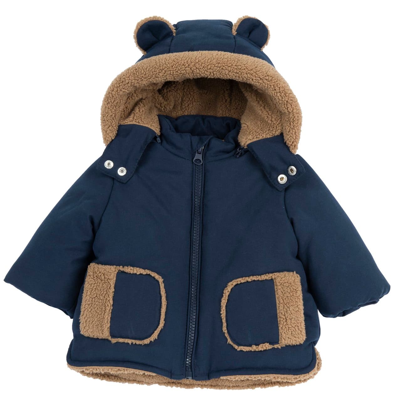 Giubbotto lungo imbottito Chicco blu per bambino, con cappuccio removibile e orecchie applicate, realizzato in tessuto tecnico impermeabile effetto pesca. | Chicco