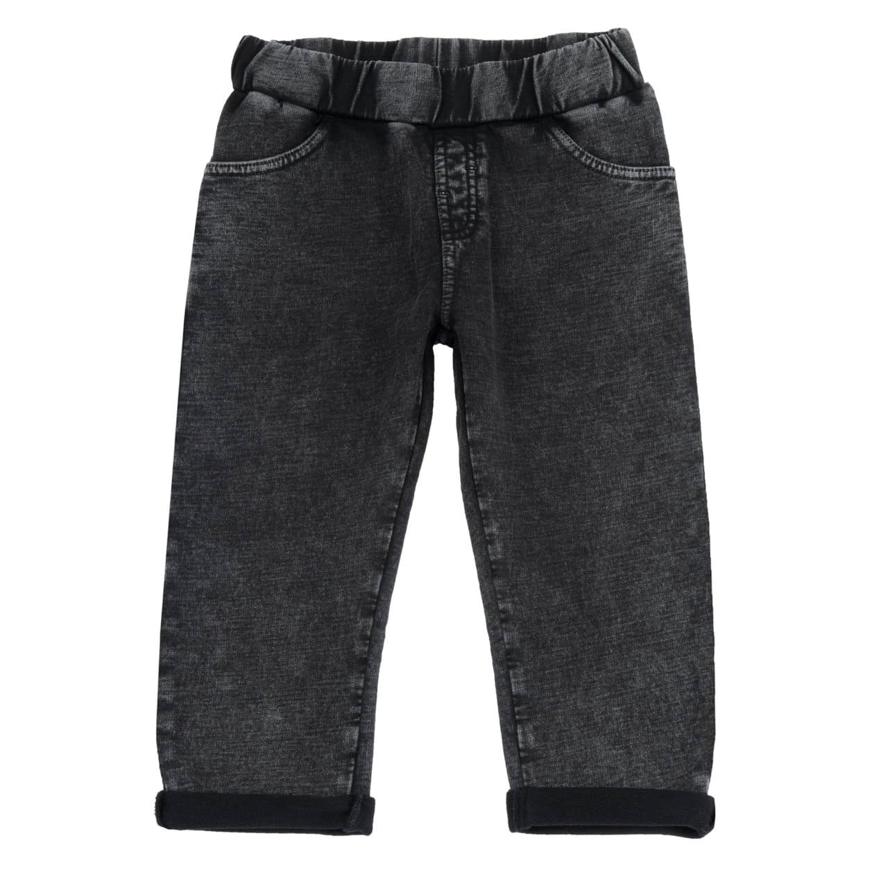 Pantaloni lunghi neri Chicco da bambino in felpa di cotone non garzata, con vita elasticizzata e vestibilità regolare, effetto used. | Chicco