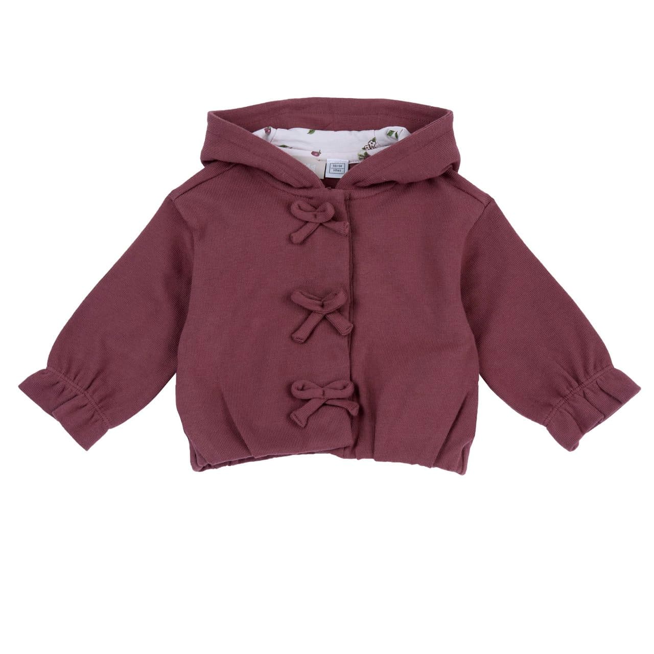 Cardigan con cappuccio Chicco rosa in maglia elasticizzata per bambina, con fodera fantasia frutti di bosco e chiusura a bottoni automatici. | Chicco