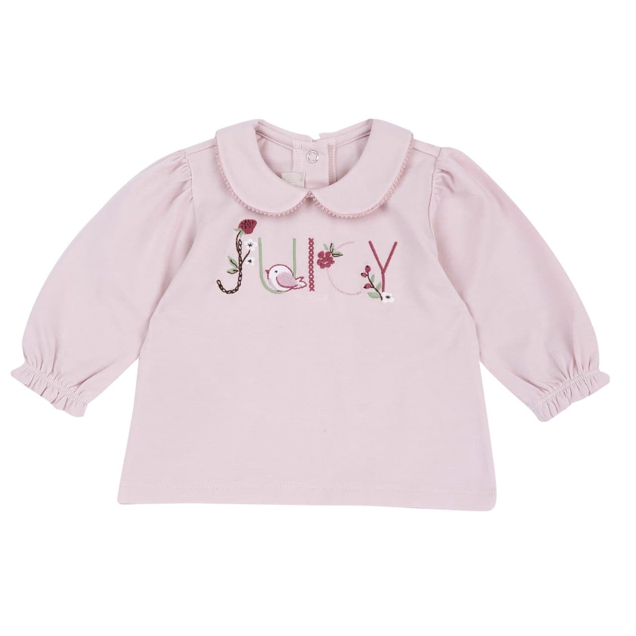 Maglietta a manica lunga Chicco rosa per bambina con ricamo di fiori, frutti di bosco e uccellino, collo baby con nastro e bottoncini automatici posteriori. | Chicco