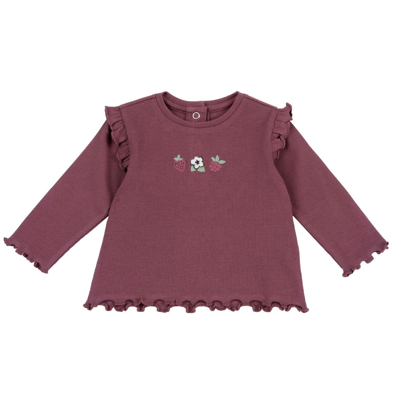 Maglietta a manica lunga Chicco rosa per bambina con ricamo floreale e di frutti di bosco, in costina elasticizzata Oeko-Tex. | Chicco