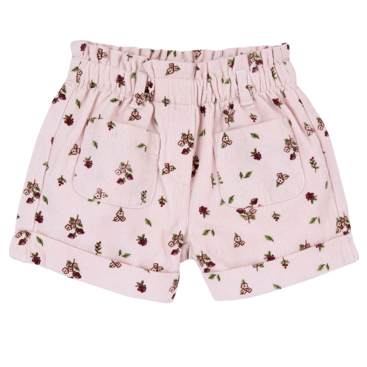 Pantaloni corti da bambina Chicco rosa in velluto a coste con stampa a frutti di bosco, vita elasticizzata e tasche. | Chicco
