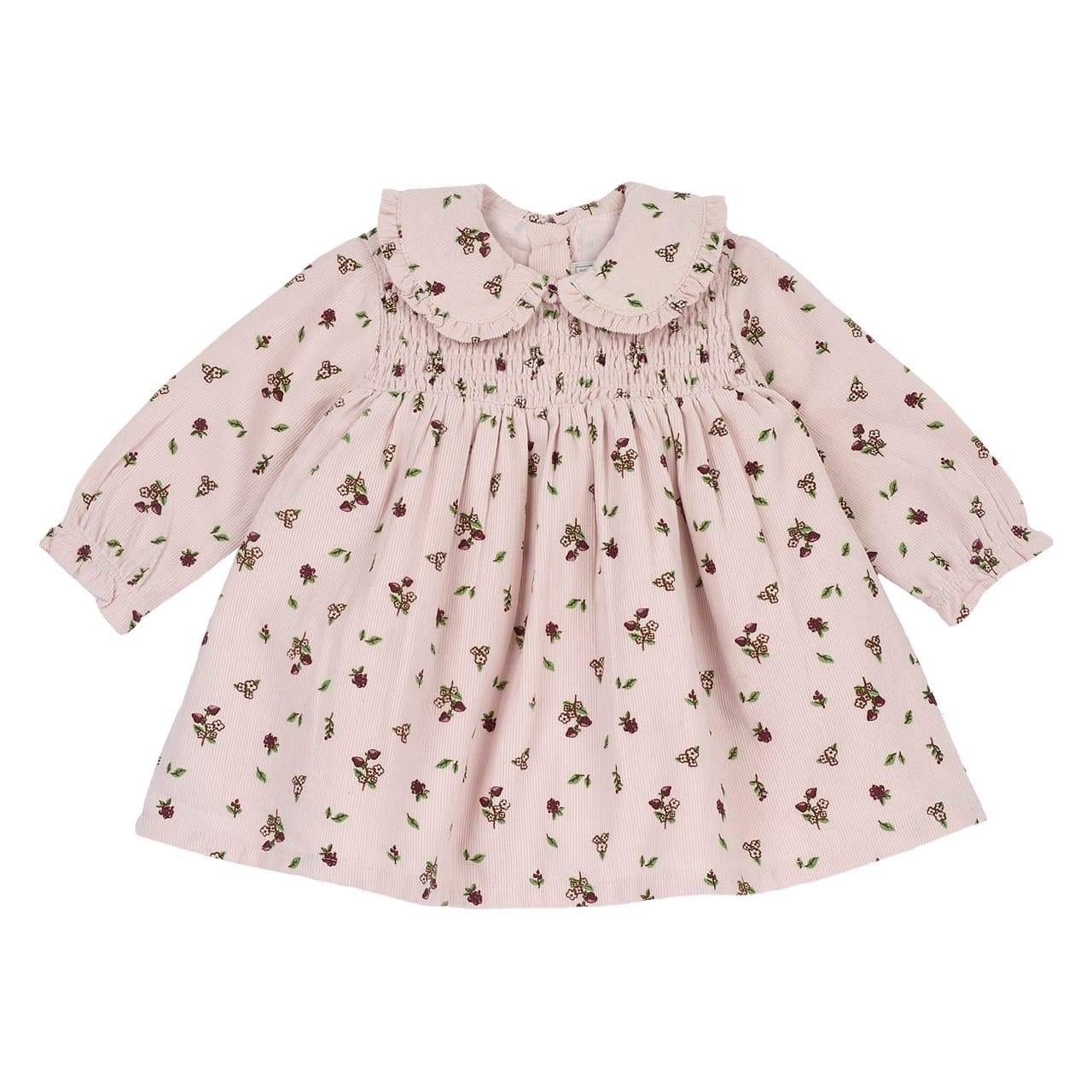 Vestito manica lunga Chicco per bambina in velluto millerighe rosa stampato, con colletto baby rouches e arricciatura frontale smock. | Chicco