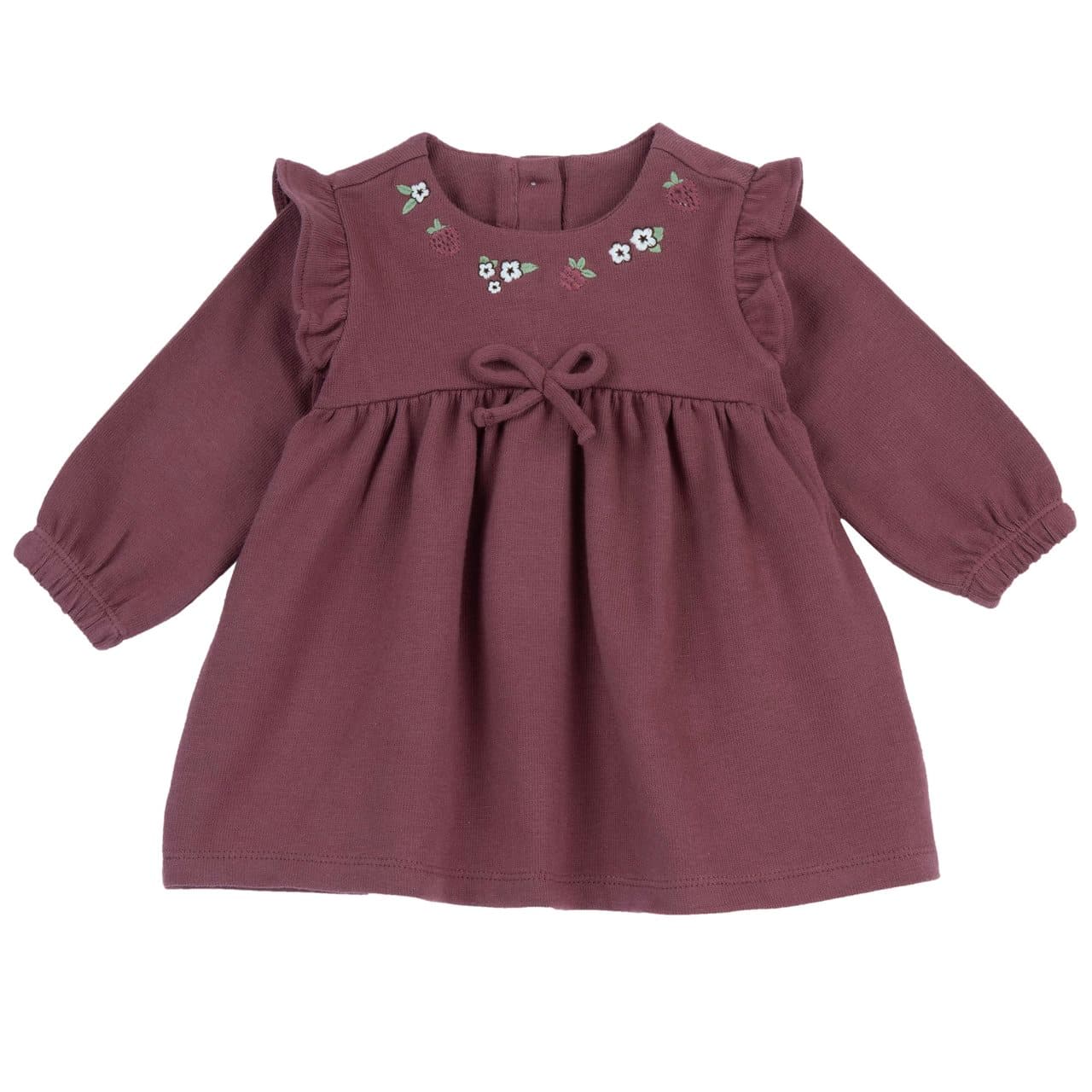 Vestito Chicco a manica lunga rosa in maglia elasticizzata per bambina, con ricami di fiori e frutti di bosco e bottoncini madreperla sul retro. | Chicco
