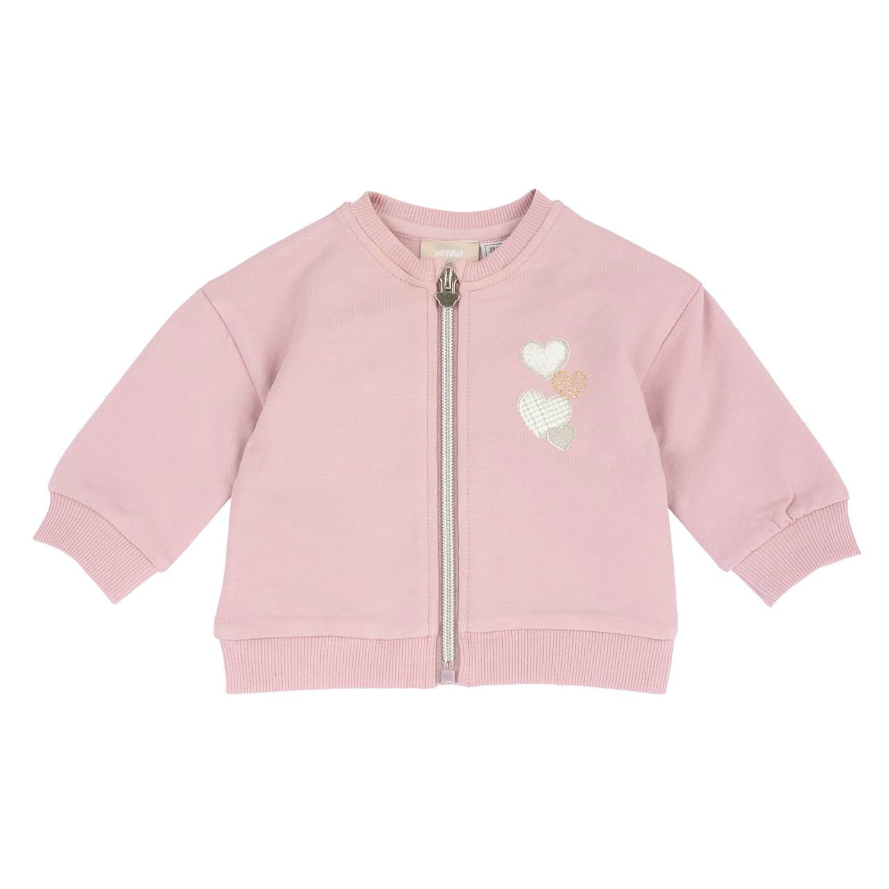 Felpa con zip da bambina Chicco rosa in felpa elasticizzata garzata, con stampa di cuori sul petto, ideale per l'autunno/inverno. | Chicco