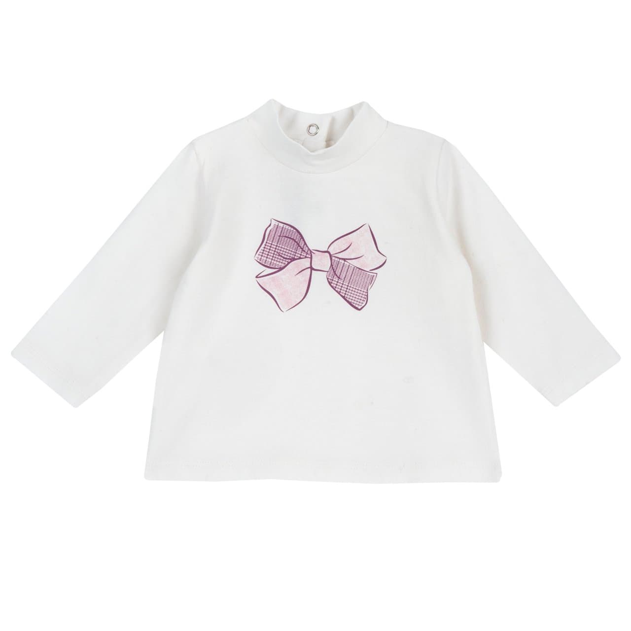 Maglietta a collo lupetto manica lunga Chicco per bambina in jersey elasticizzato bianco, con stampa fiocco e bottoncini automatici posteriori. | Chicco