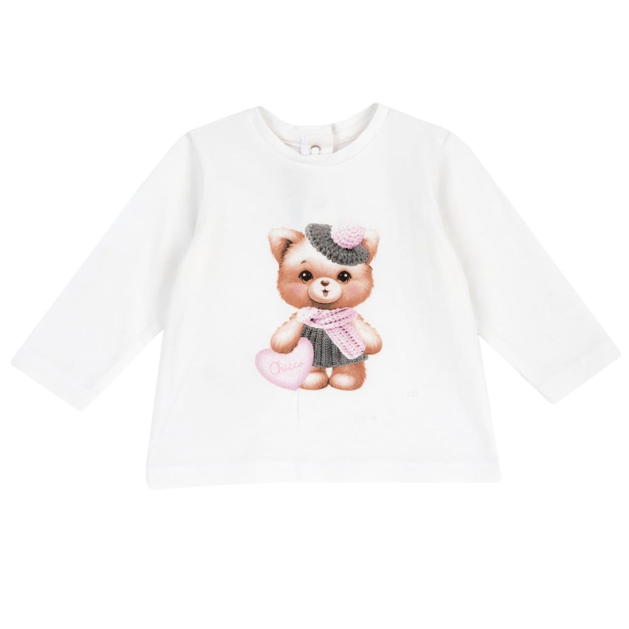 Maglietta a manica lunga bianca in jersey elasticizzato per bambina Chicco con stampa orsetta sul davanti e girocollo. | Chicco