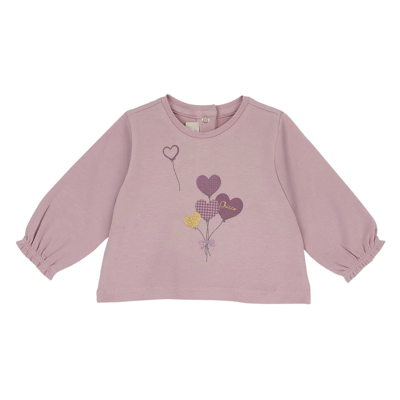 Maglietta a manica lunga rosa in jersey elasticizzato per bambina Chicco con stampa di cuori, girocollo, 95% cotone, Oeko-Tex. | Chicco
