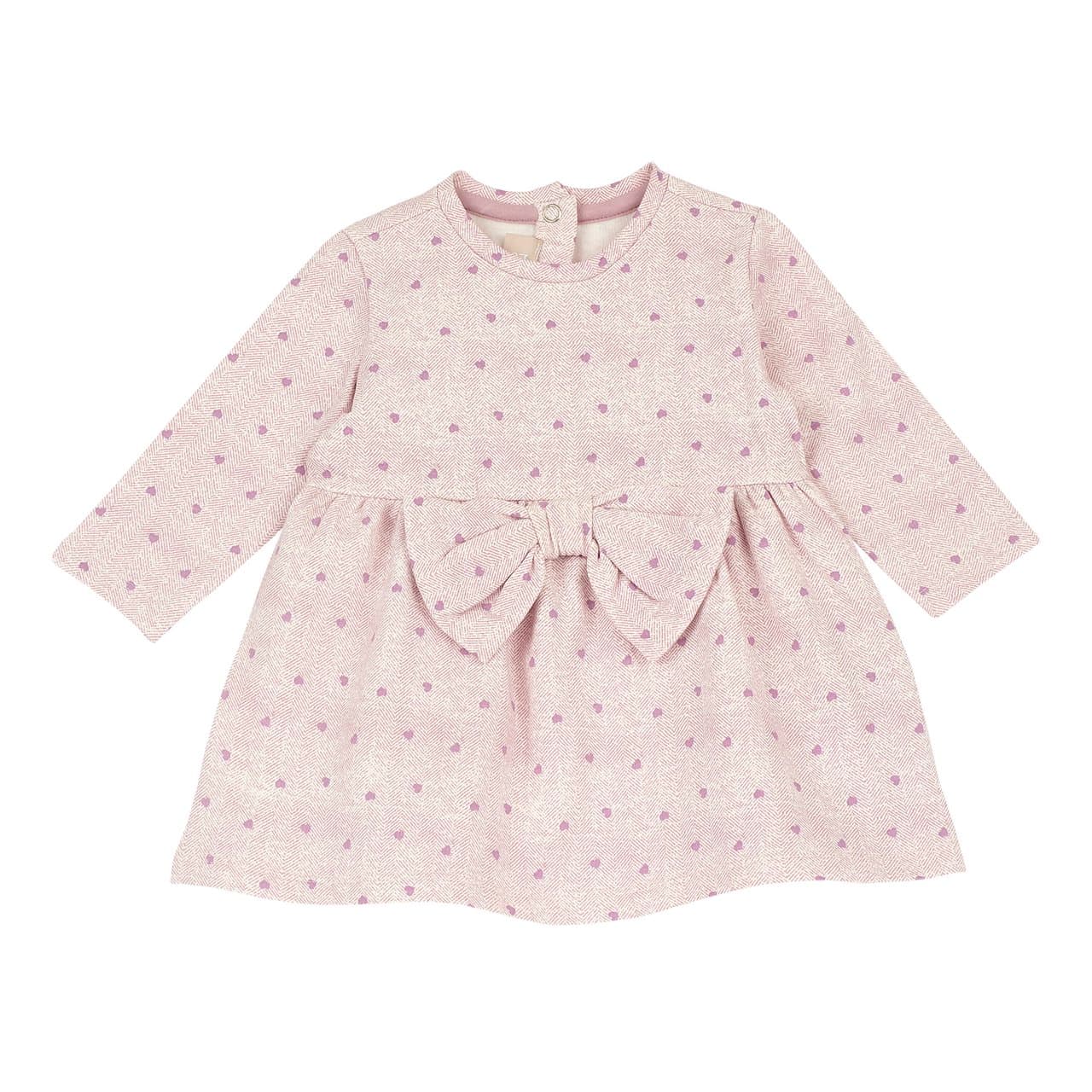 Vestito rosa Chicco a manica lunga per bambina con micro fantasia di cuori, balze e fiocco in vita, in felpa garzata elasticizzata certificata Oeko-Tex. | Chicco