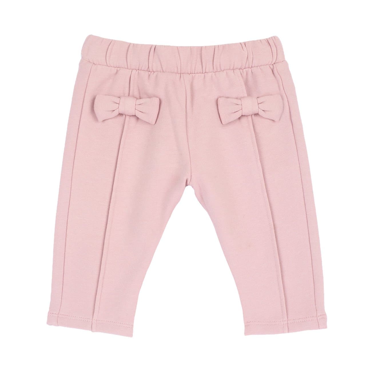 Pantaloni lunghi da bambina Chicco rosa in felpa garzata elasticizzata con fiocchi frontali e vita elasticizzata, ideali per autunno/inverno. | Chicco